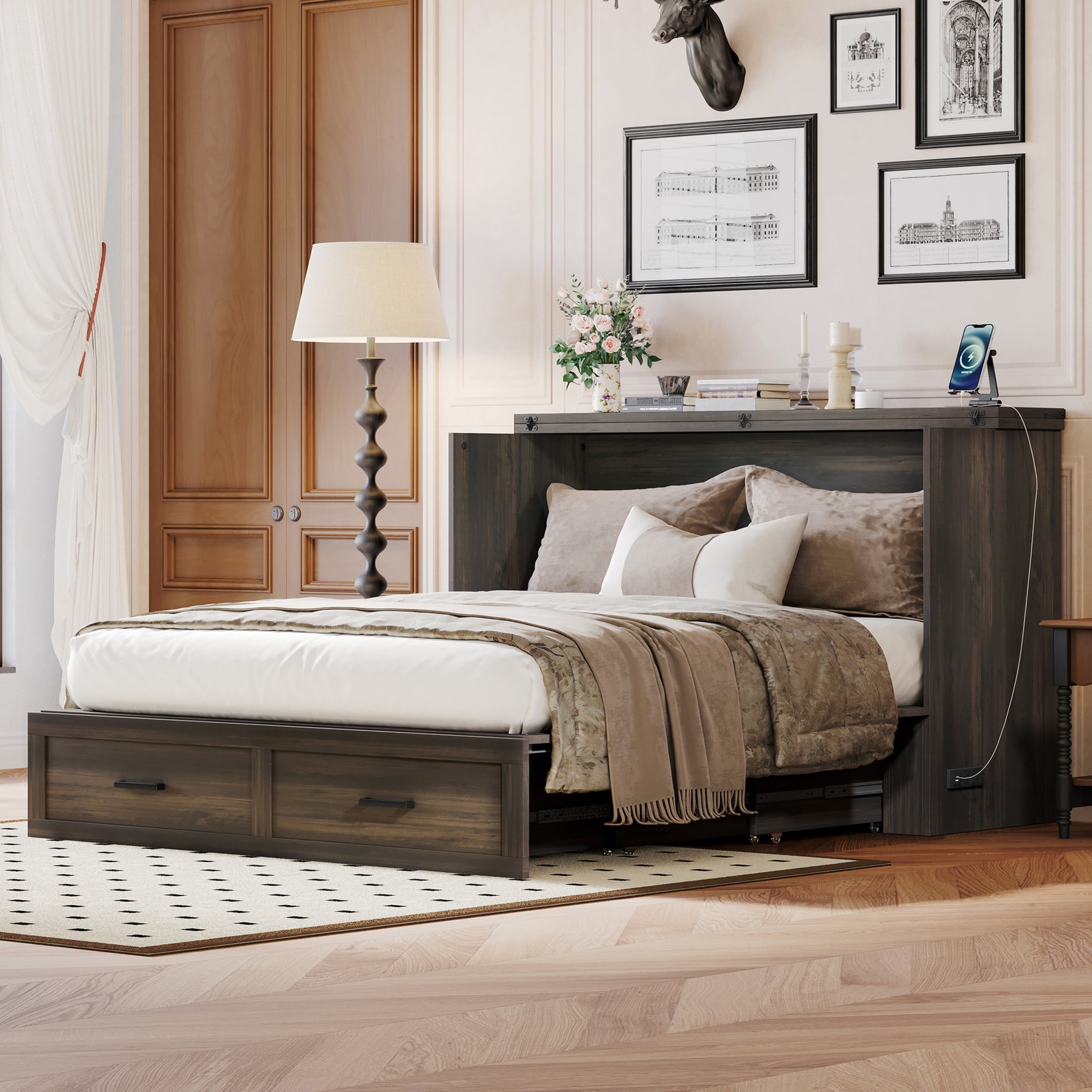 Noble House Queen Size Farmhouse Murphy Cabinet Bed with Charging Station and Storage Drawer, Foldable Platform Bed,Gray