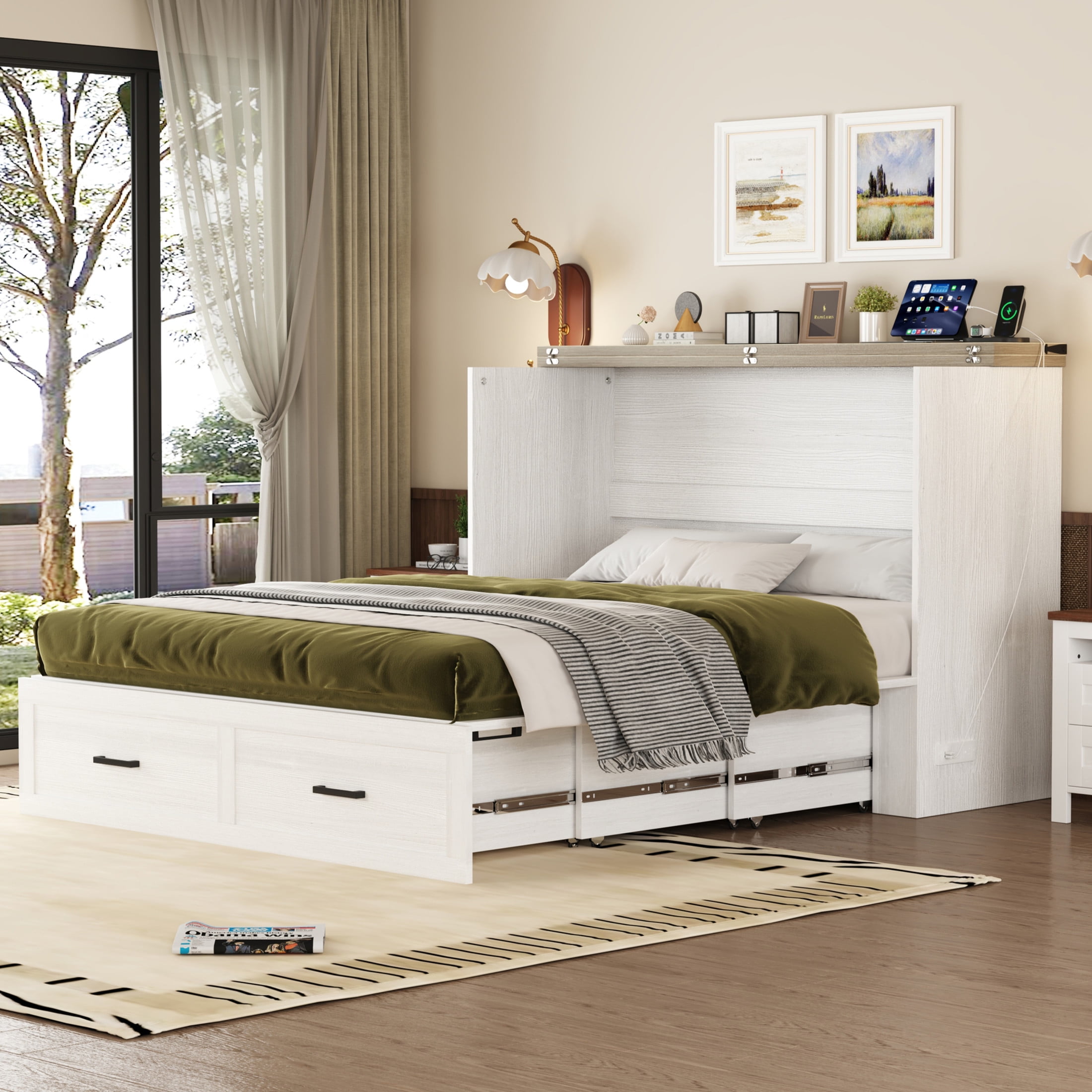 Noble House Queen Size Farmhouse Murphy Cabinet Bed with Charging Station and Storage Drawer, Foldable Platform Bed,White