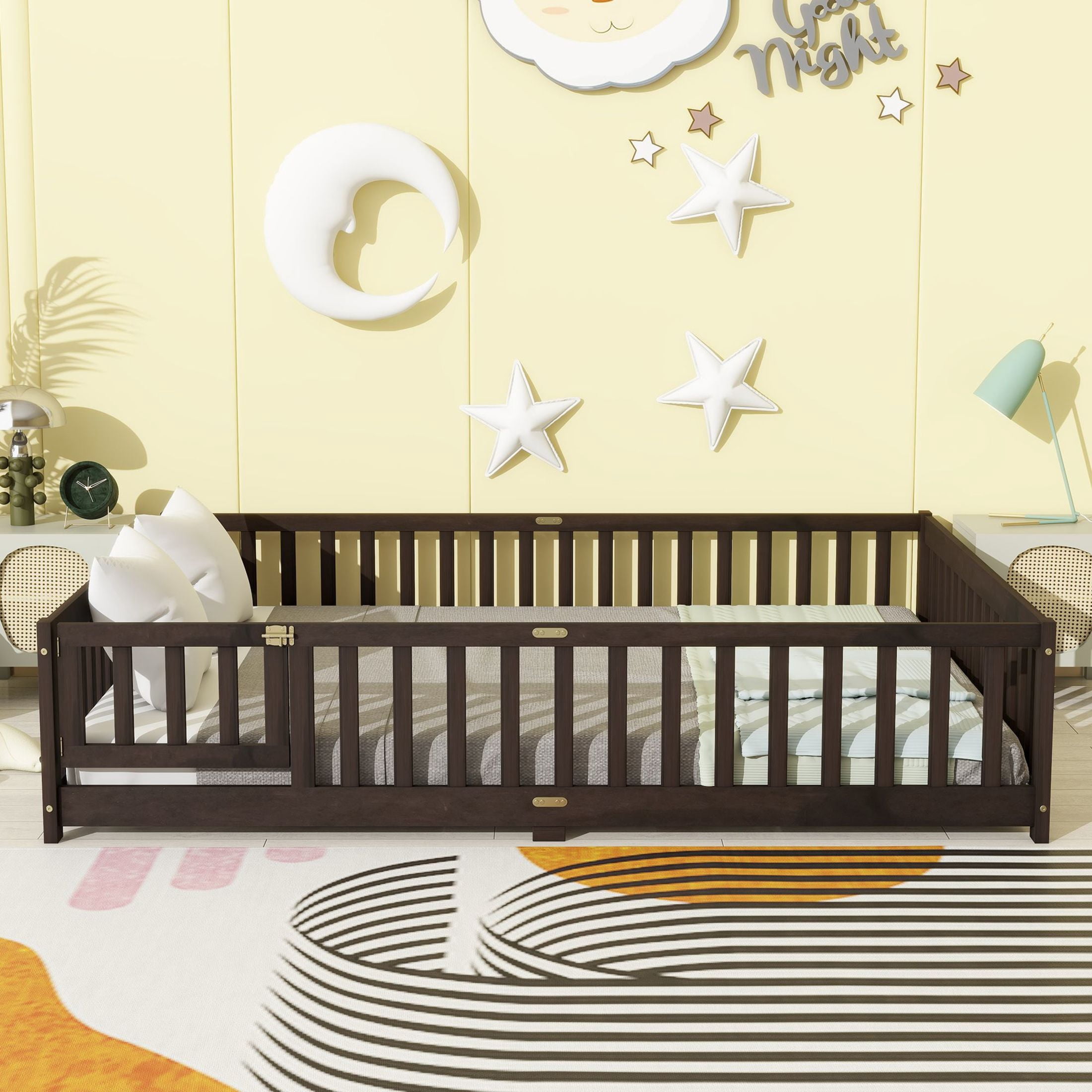 Noble House Queen Size Floor Bed, Solid Rubber Wood Frame with Fence, Door, Guardrails & Slat Support, Espresso