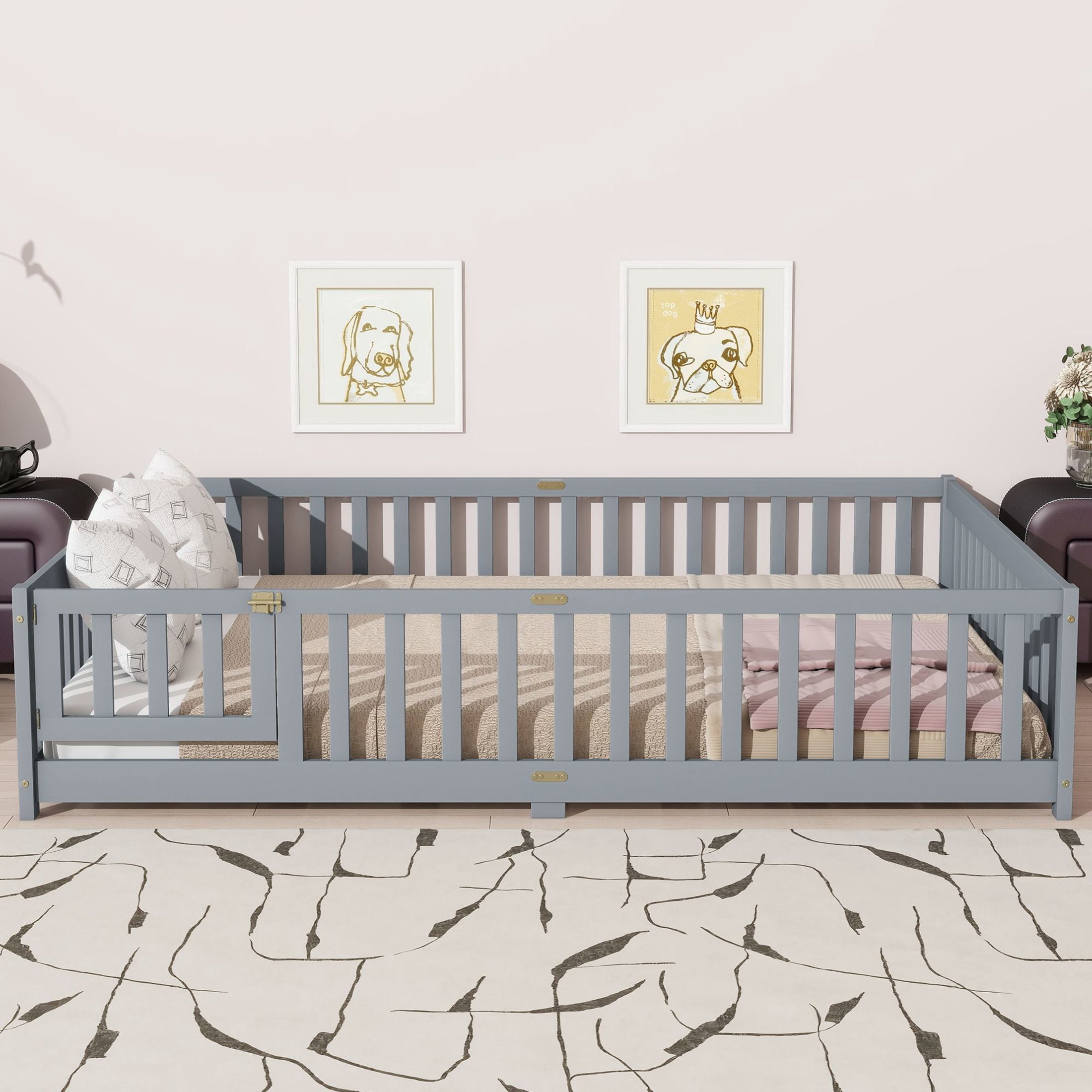 Noble House Queen Size Floor Bed, Solid Rubber Wood Frame with Fence, Door, Guardrails & Slat Support, Grey