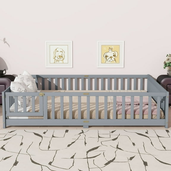 Noble House Queen Size Floor Bed, Solid Rubber Wood Frame with Fence, Door, Guardrails & Slat Support, Grey