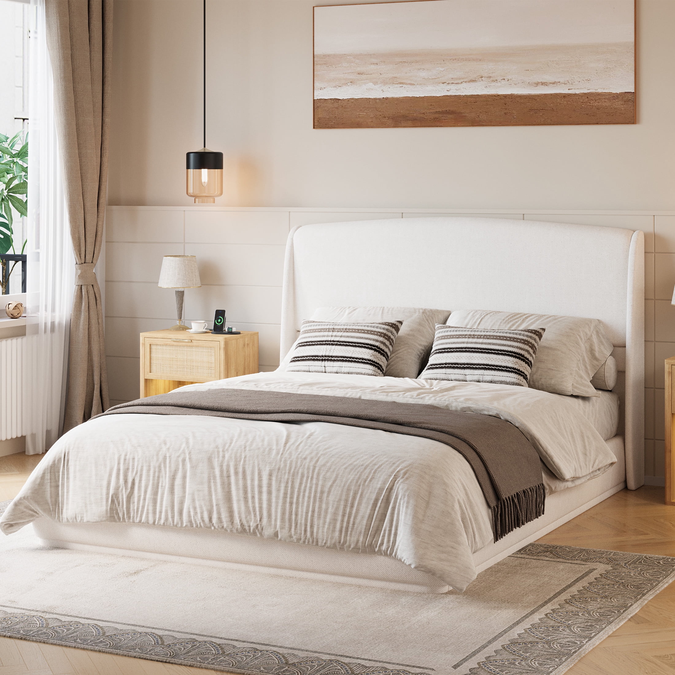 Noble House Queen Size Linen Upholstered Platform Bed with Wingback Headboard, Beige