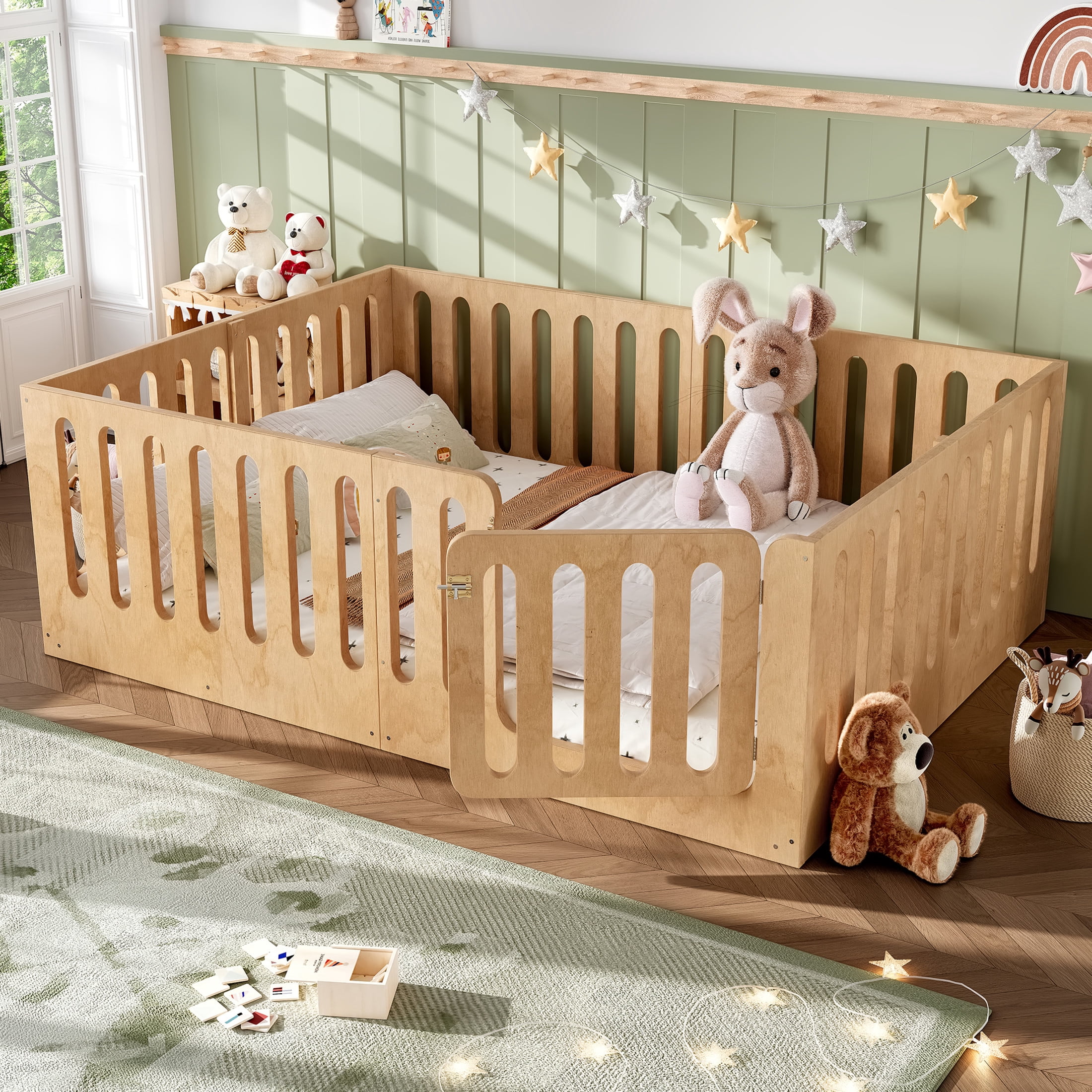 Noble House Queen Size Montessori Floor Bed with High Fence, Solid Wood Kids Bed Frame, Natural