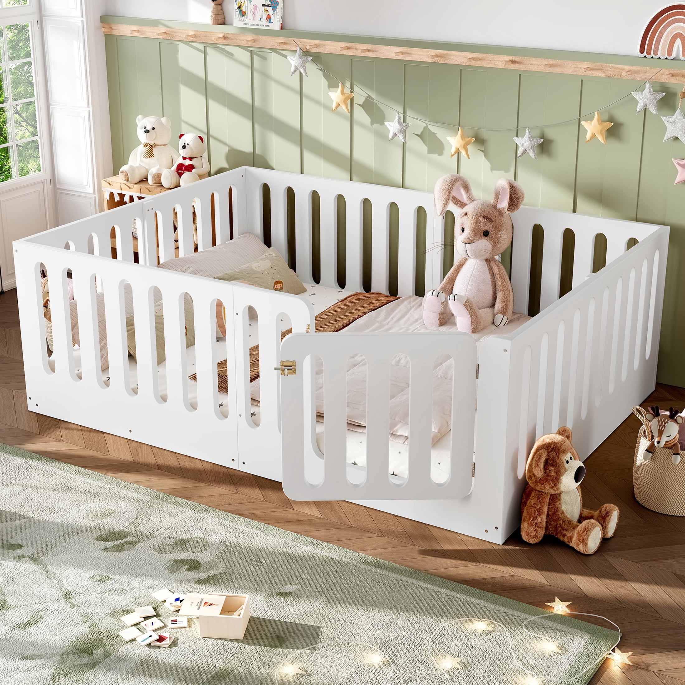 Noble House Queen Size Montessori Floor Bed with High Fence, Solid Wood Kids Bed Frame, White