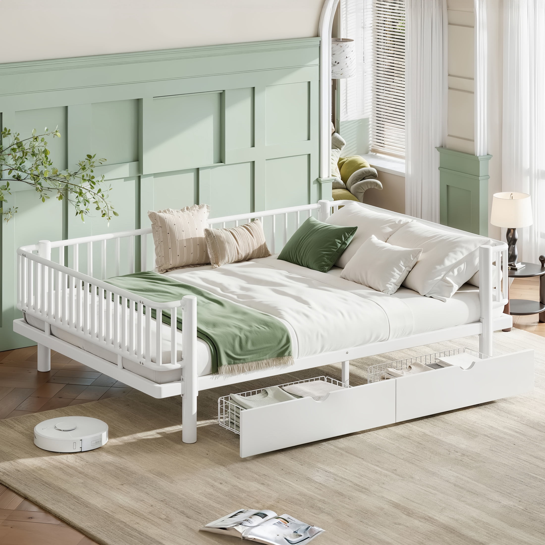 Noble House Queen Size Platform Bed with Storage Drawers, Daybed Frame with Round-Pipe Design, White
