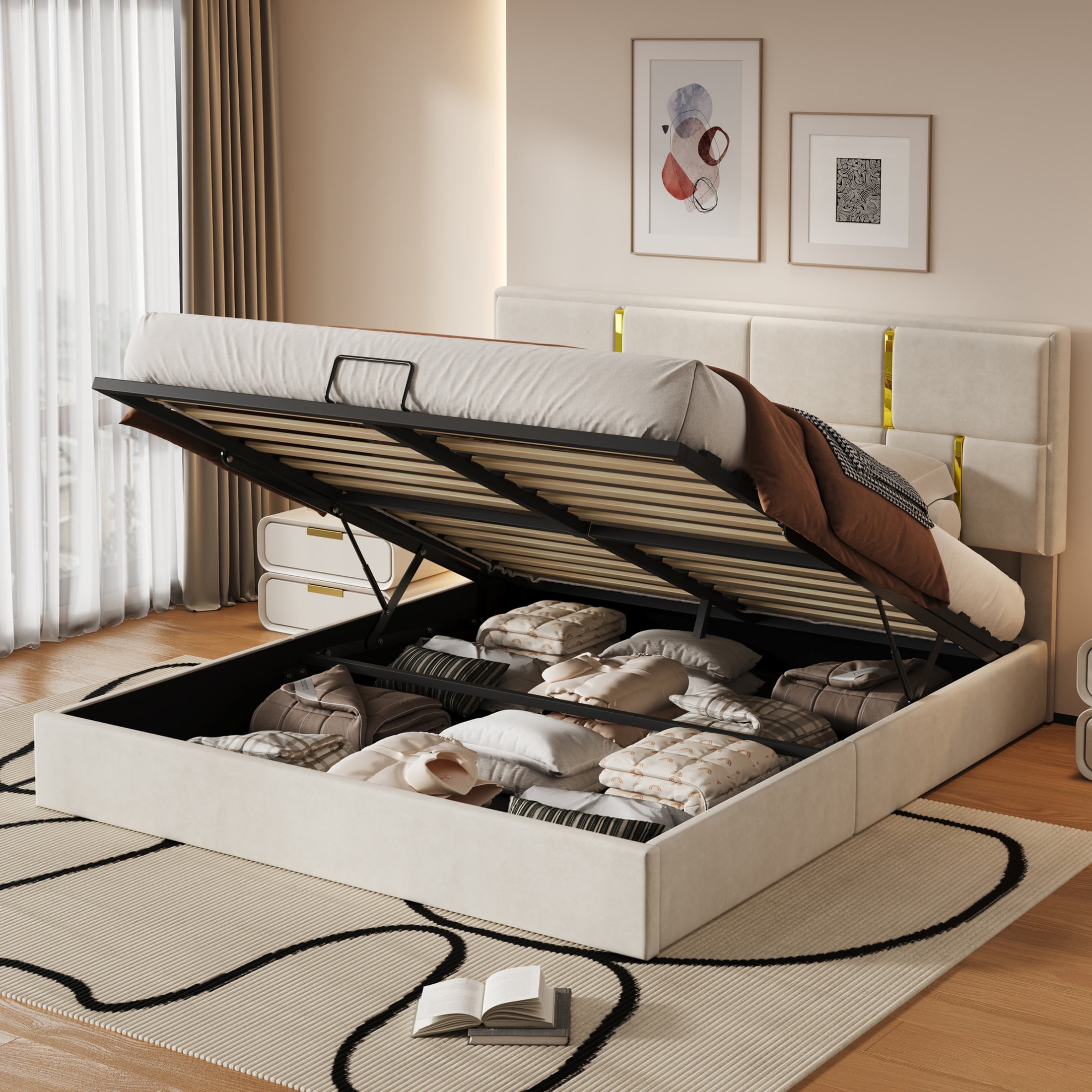 Noble House Queen Size Upholstered Platform Bed with Hydraulic Storage System,No Box Spring Needed,Beige
