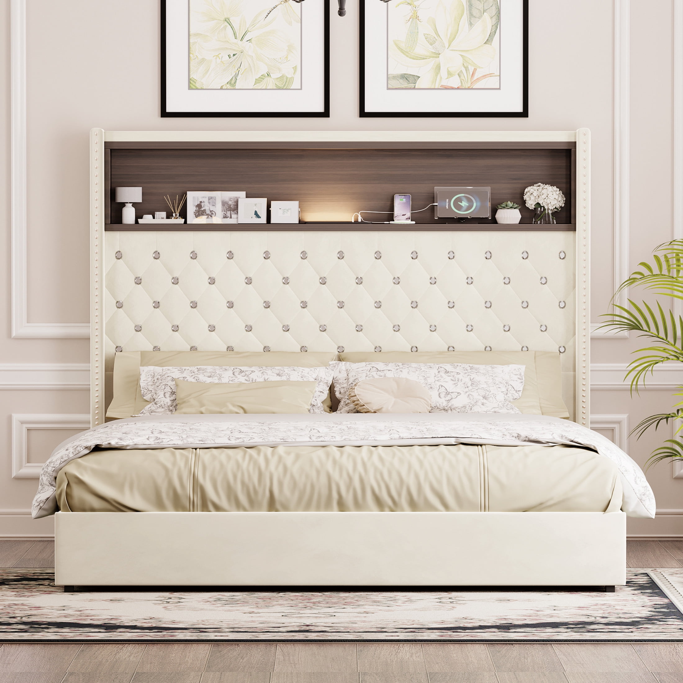 Noble House Queen Size Velvet Tufted Bed Frame with USB Port, Night Light, 52" Rivet-Decor Headboard,Headboard Shelf, Beige