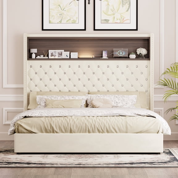 Noble House Queen Size Velvet Tufted Bed Frame with USB Port, Night Light, 52" Rivet-Decor Headboard,Headboard Shelf, Beige