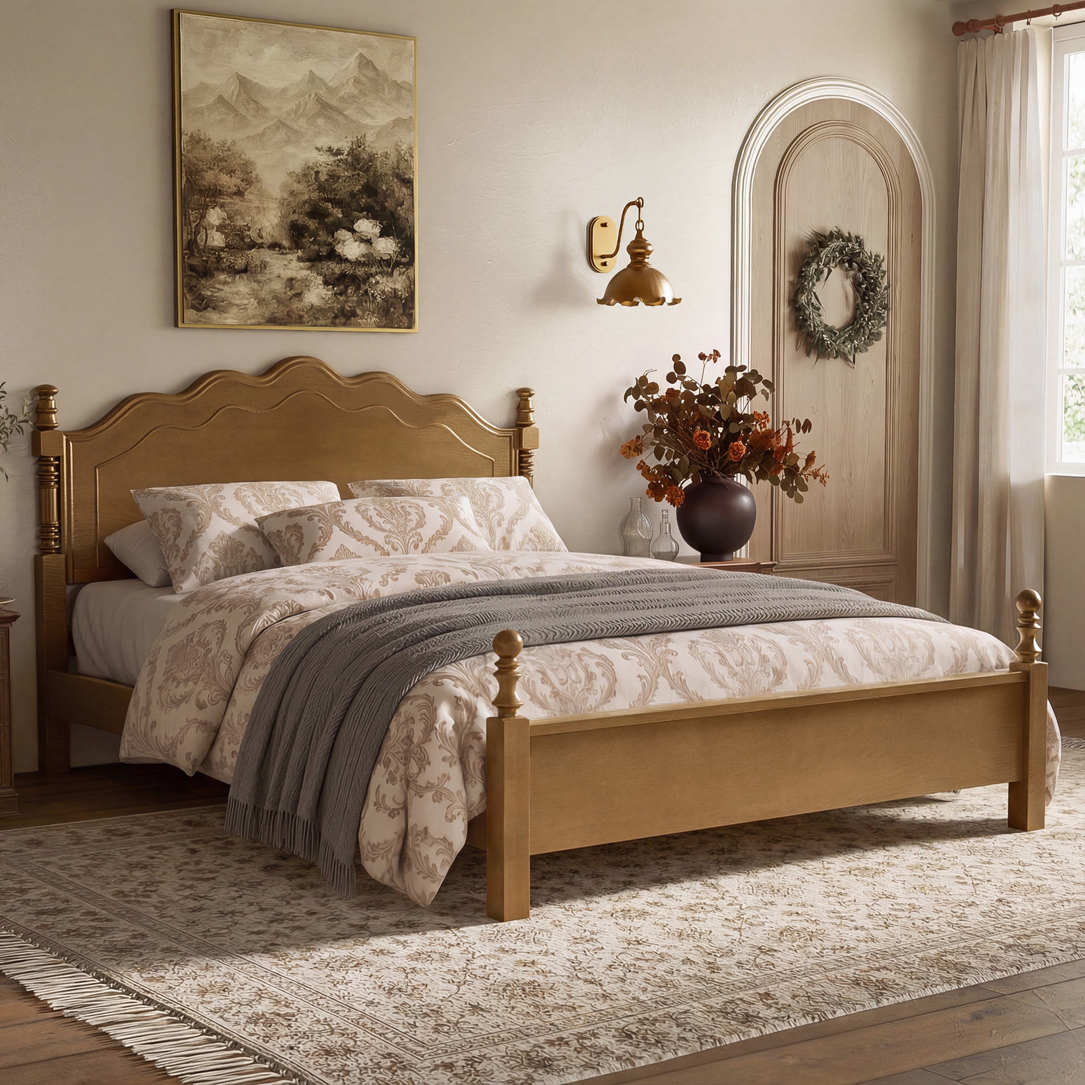 Noble House Queen Size Wood Platform Bed with Curved Headboard, Spindle Posts, Dark Oak