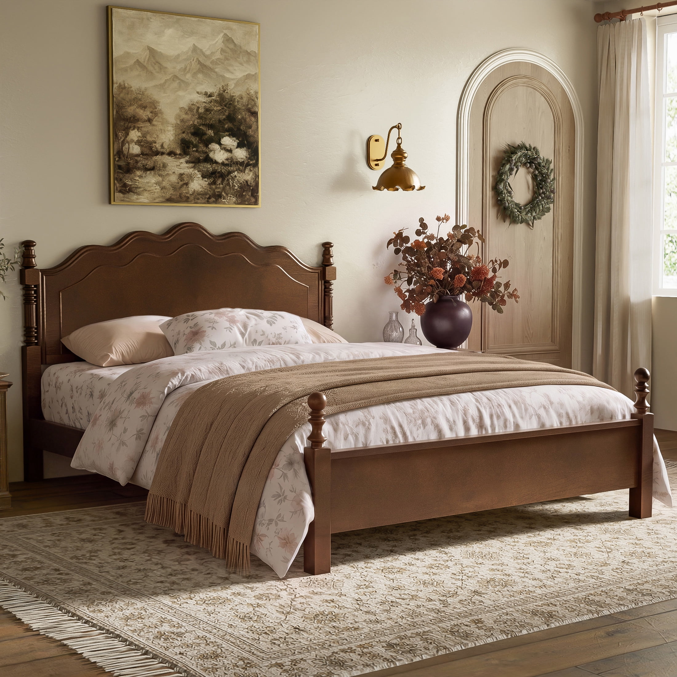 Noble House Queen Size Wood Platform Bed with Curved Headboard, Spindle Posts, Espresso