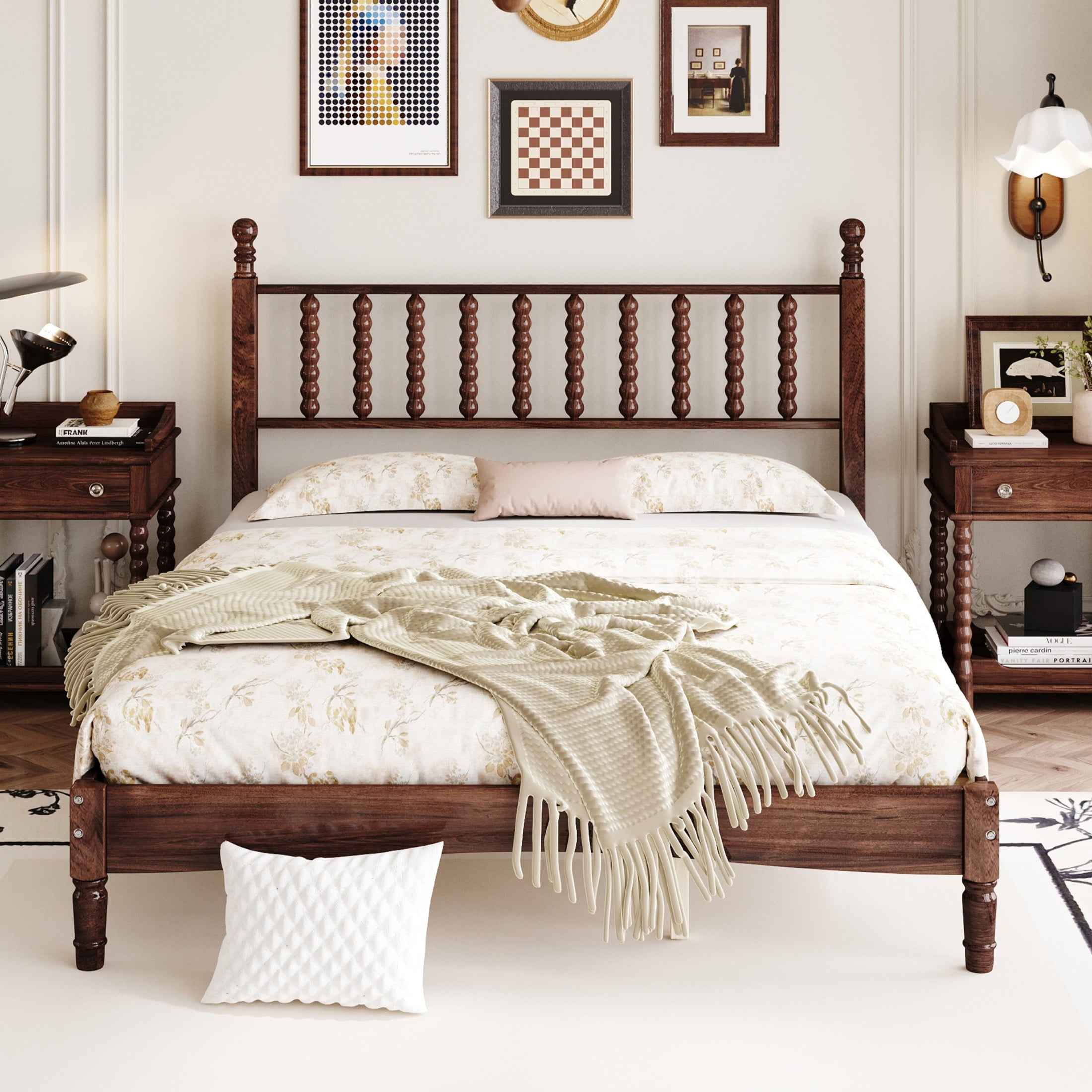 Noble House Queen Size Wood Platform Bed with Gourd-Shaped Headboard, Retro Wooden Bed Frame with Slat Support, Walnut