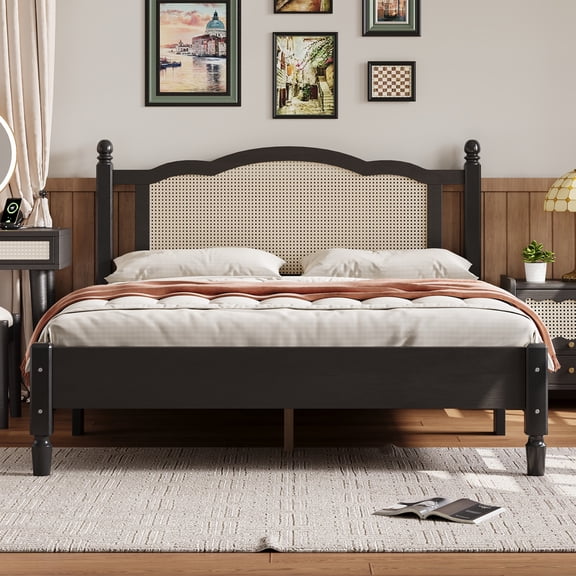 Noble House Queen Size Wooden Platform Bed with Natural Rattan Headboard,Wooden Slat Support,Black
