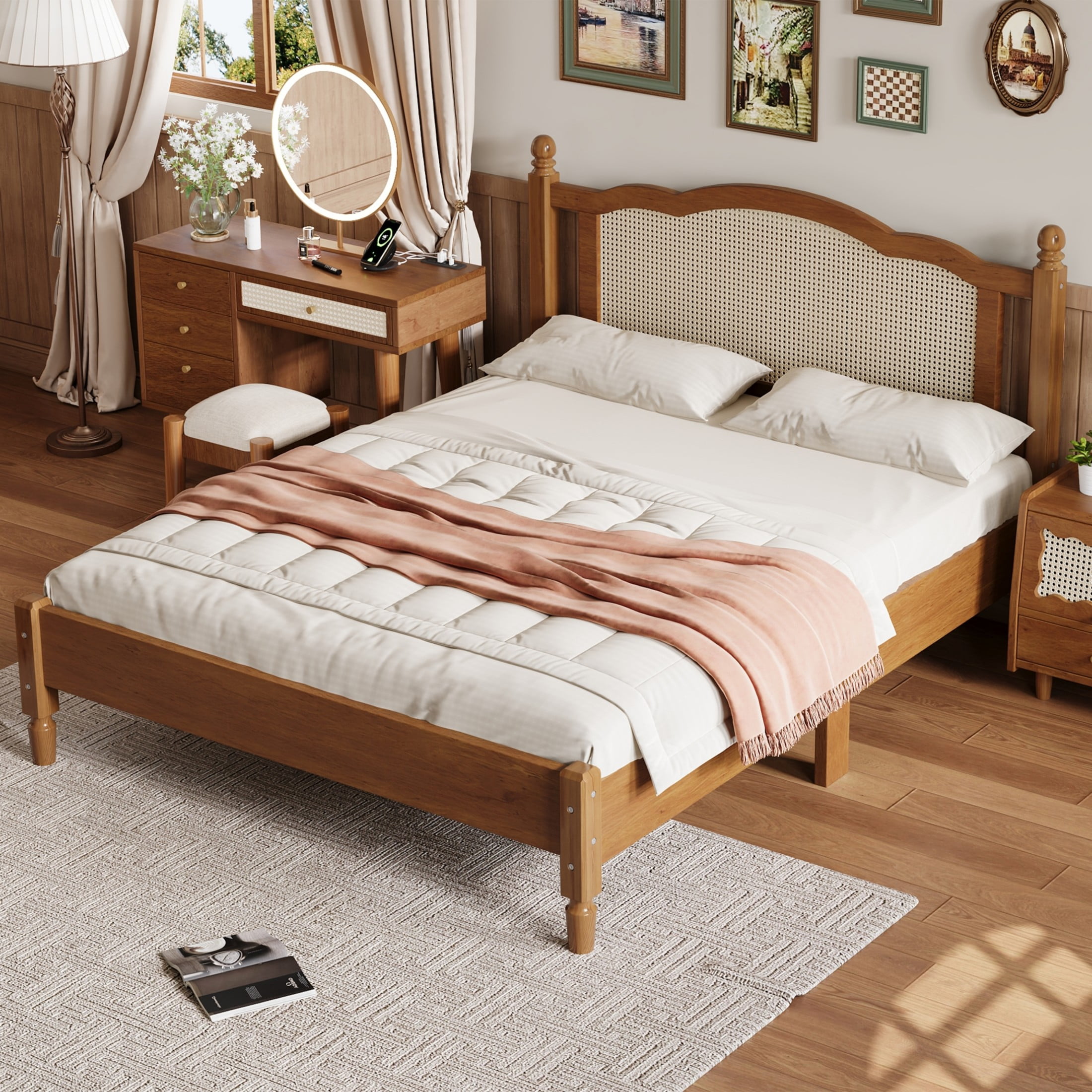 Noble House Queen Size Wooden Platform Bed with Natural Rattan Headboard,Wooden Slat Support,Walnut