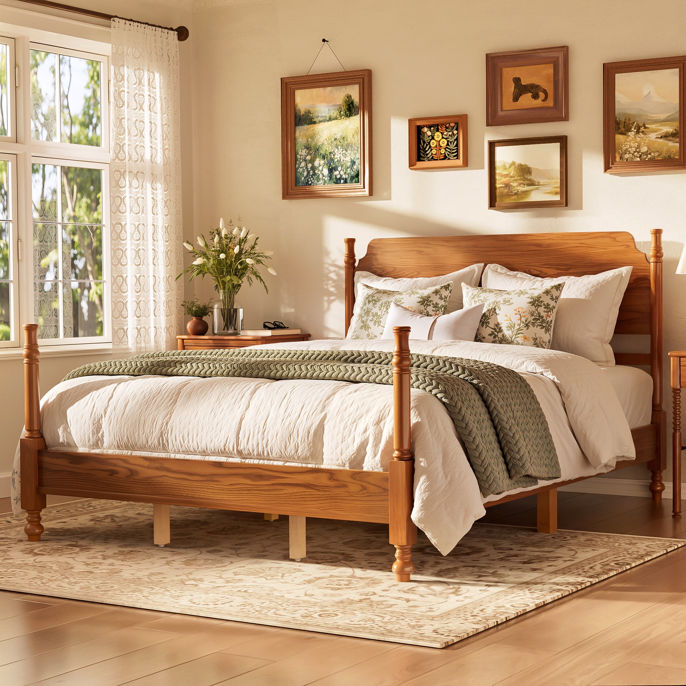 Noble House Queen Spindle Platform Bed with Headboard, Traditional Wood Bed Frame, Light Walnut