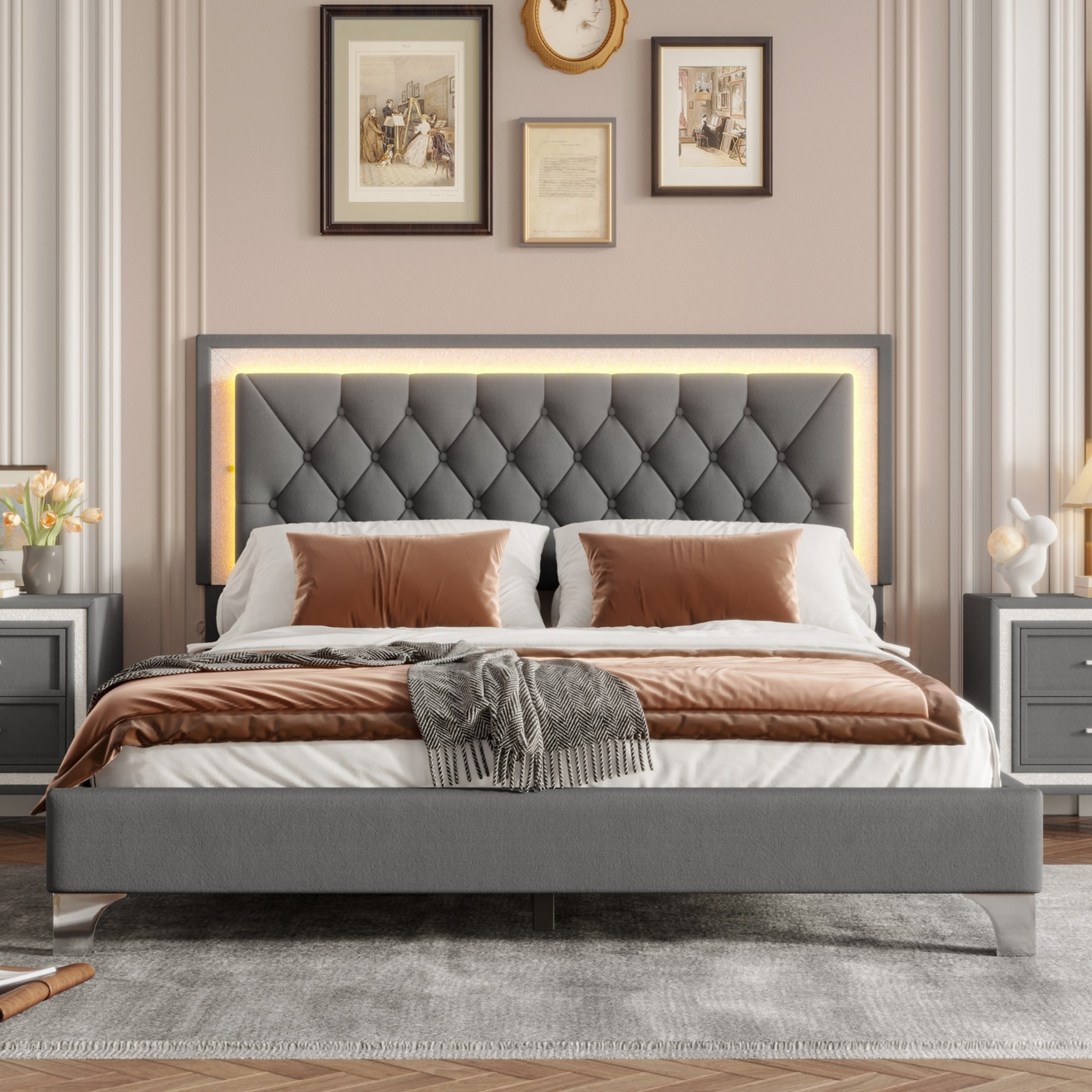 Noble House Queen Upholstered Bed Frame with LED Lights, Modern Velvet Platform Bed with Tufted Headboard, Gray