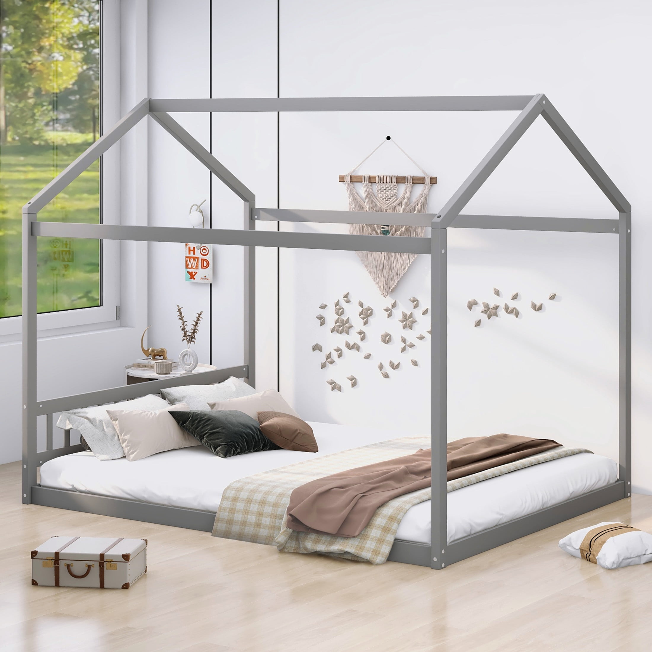 Noble House Queen Wooden House Bed, High-Capacity Pine Wood Frame with Headboard, Minimal Design, Gray