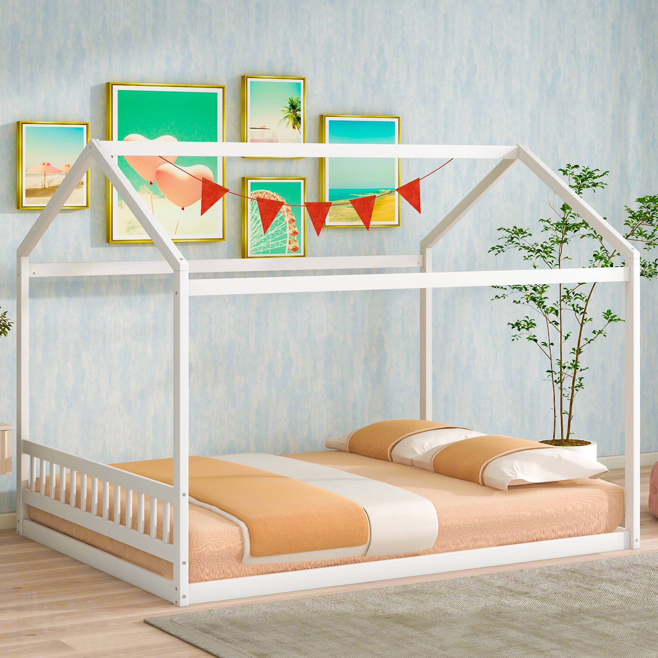 Noble House Queen Wooden House Bed, High-Capacity Pine Wood Frame with Headboard, Minimal Design, White
