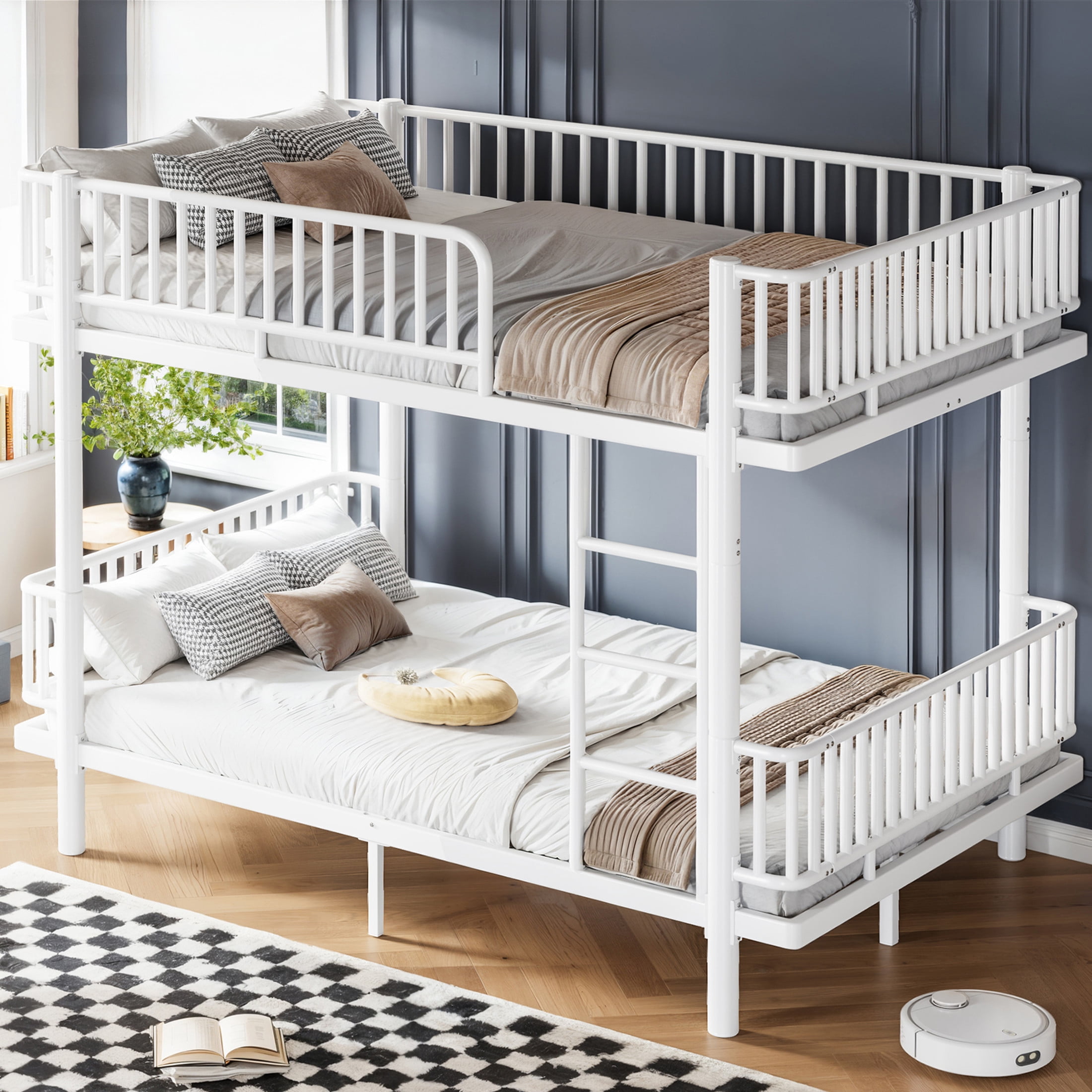 Noble House Queen over Queen Bunk Bed with Guardrails and Ladder, Can Separate into 2 Platform Beds, White