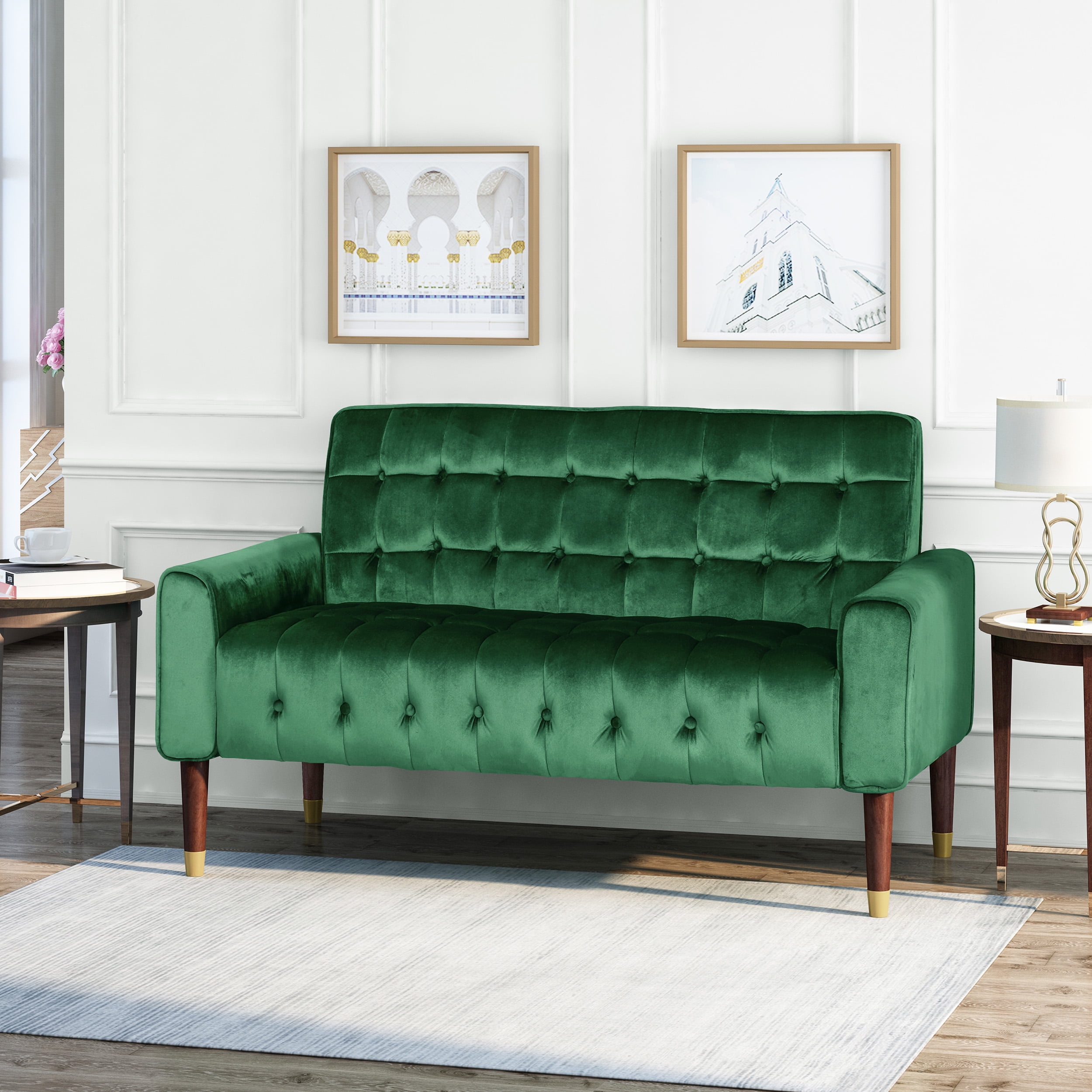 Noble House Quentin Tufted Velvet Loveseat with Tipped Tapered
