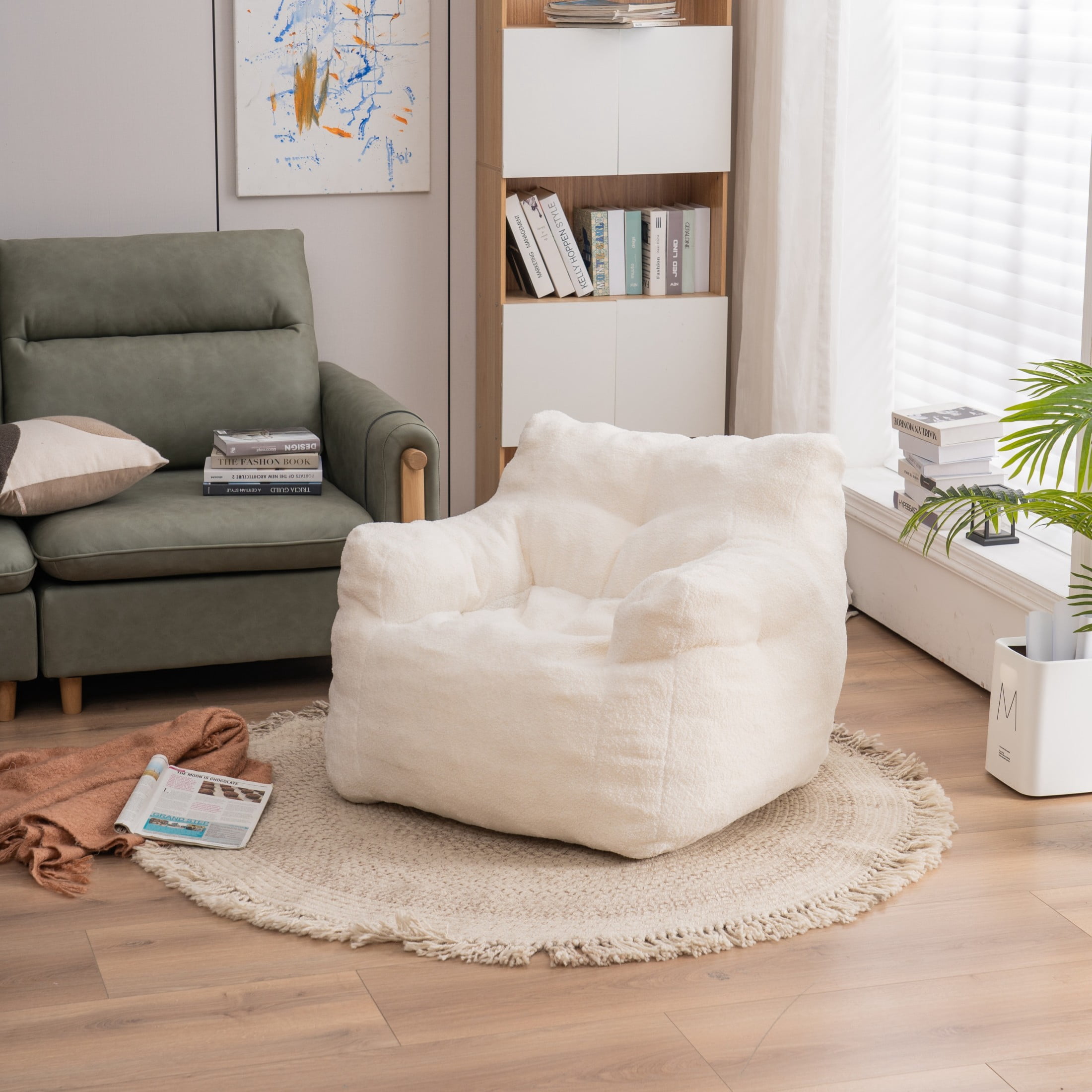 Noble House Quinci 39" Teddy Tufted Bean Bag Chair, Memory Foam Floor Lounger Accent Seat for Bedroom, Ivory