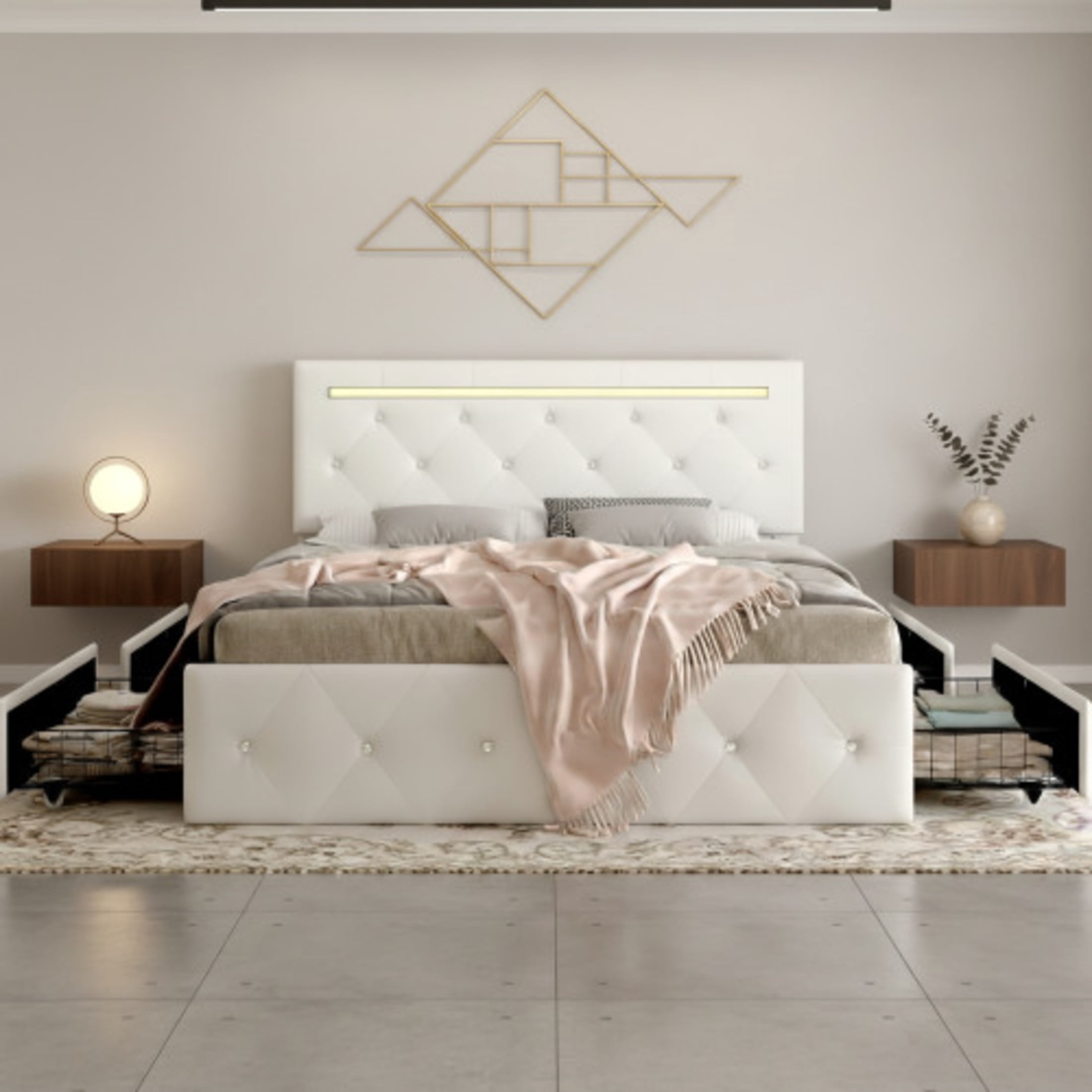Noble House Quinci Full Bed Frame with LED Light and Adjustable Headboard, Storage Drawers & Charging Station, White