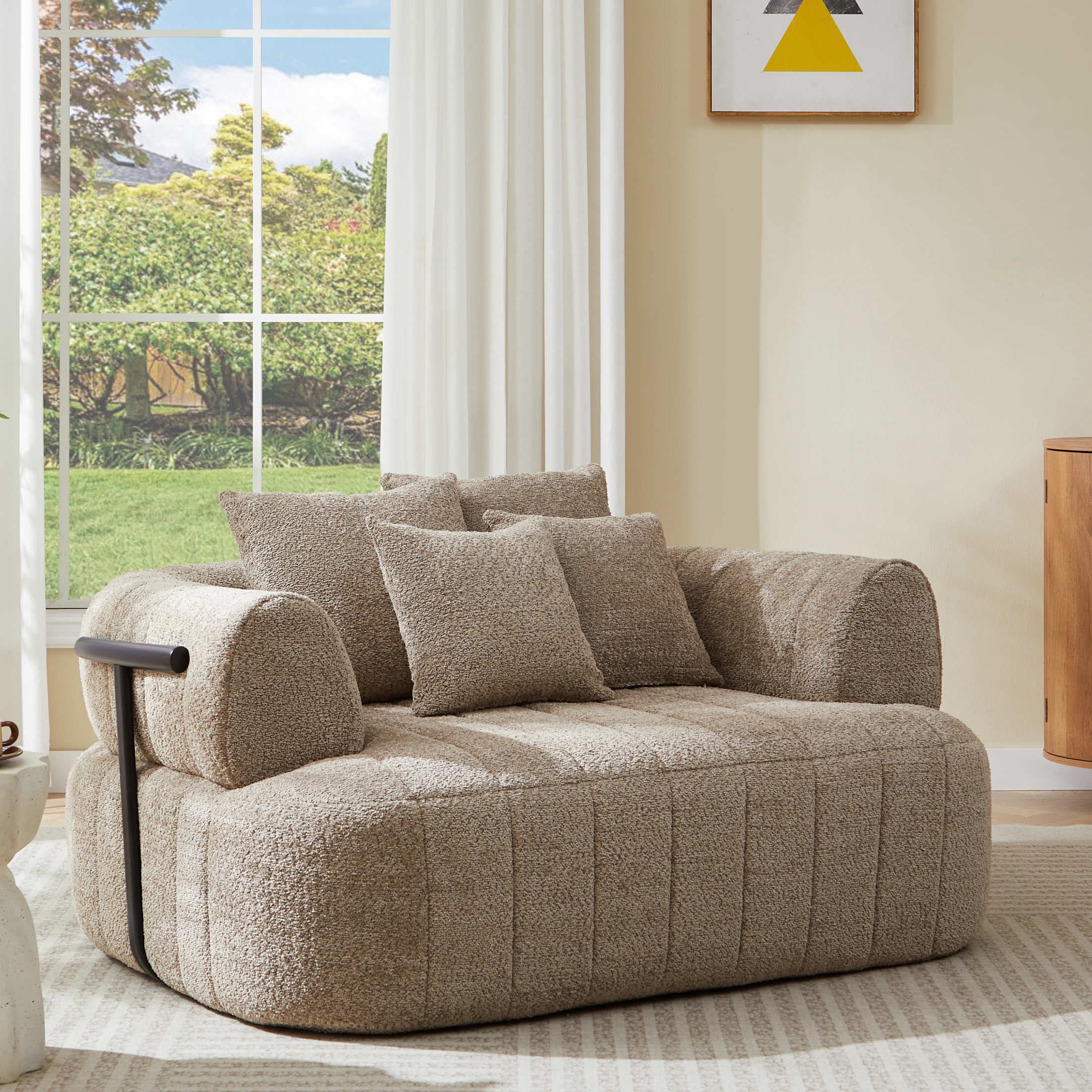 Noble House Quincia 64" Oversized Boneless Chaise Lounge with Boucle Upholstered, Cozy Comfy Cloud Sofa Bed, Khaki