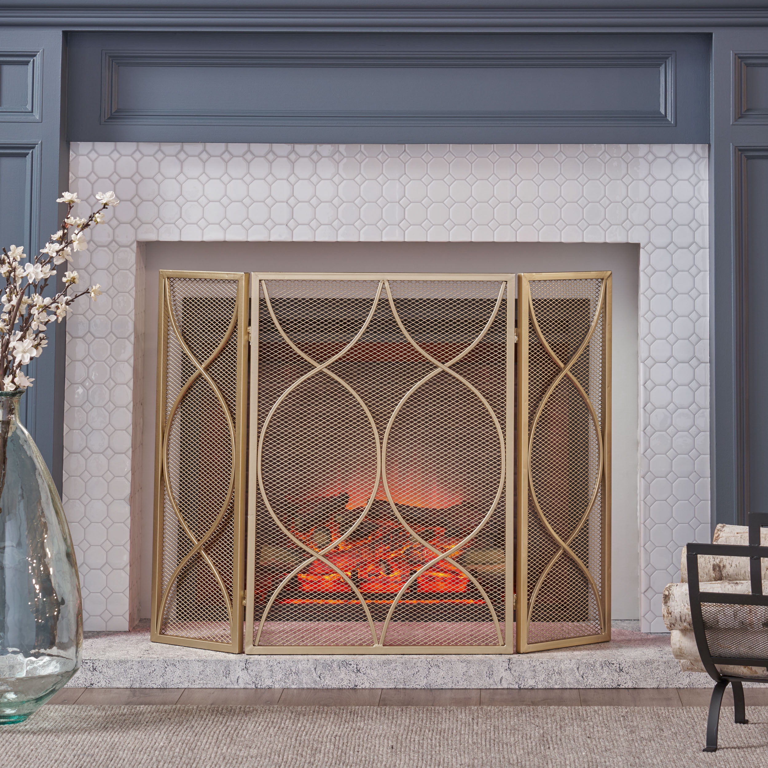 Noble House Quincy Modern Three Panel Iron Firescreen, Gold Finish