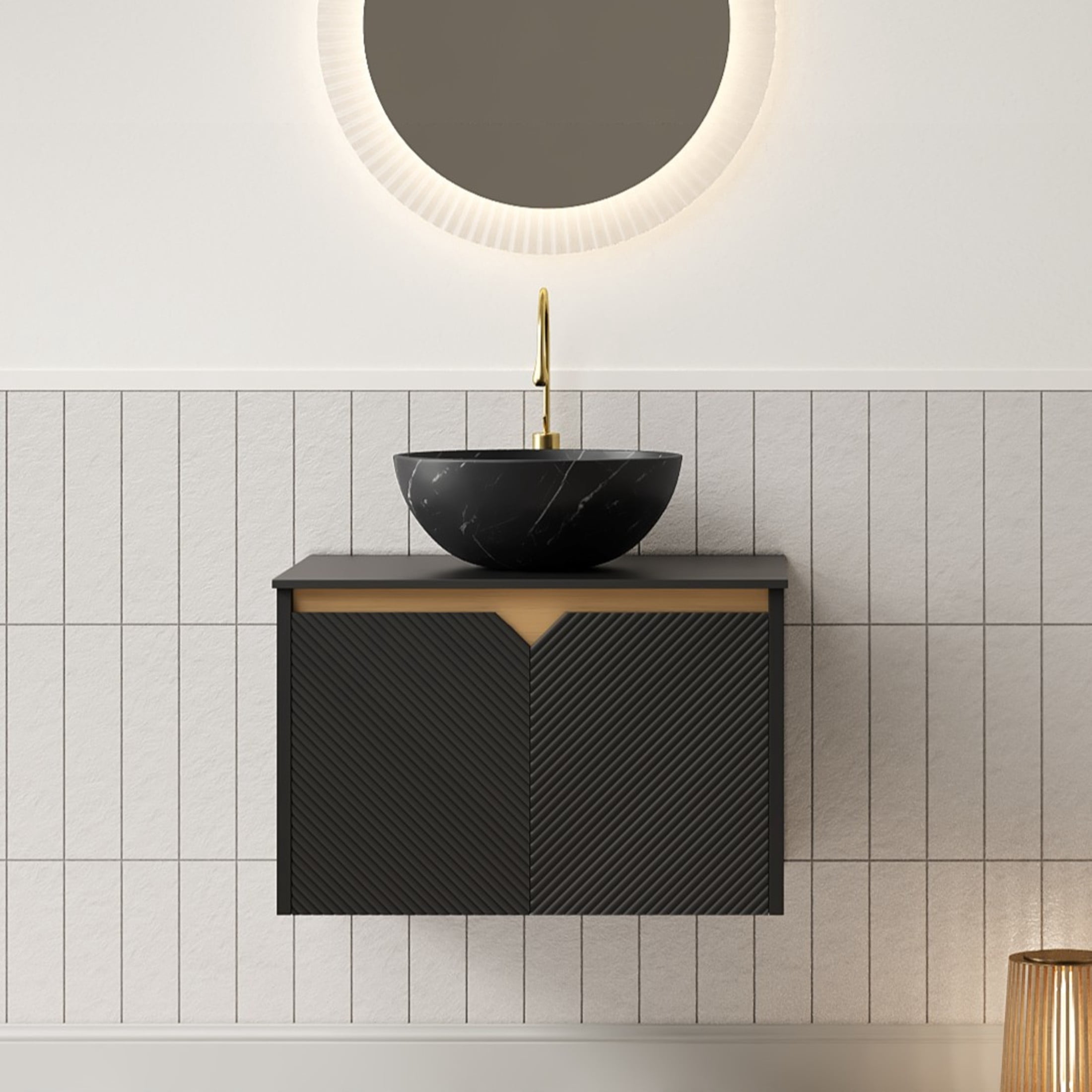 Noble House RUBEN 24" Floating Bathroom Vanity, Sintered Stone Top Cabinet with Black Bowl Ceramic Vessel Sink, Black