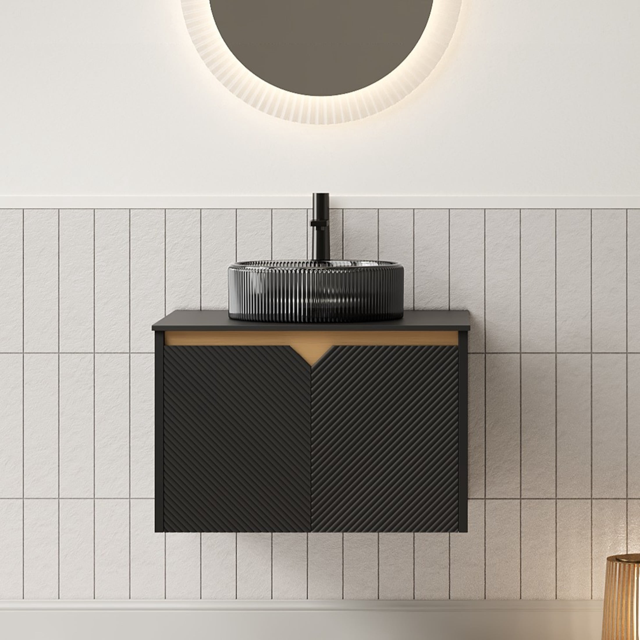 Noble House RUBEN 24" Floating Bathroom Vanity, Sintered Stone Top Cabinet with Black Round Glass Vessel Sink, Black