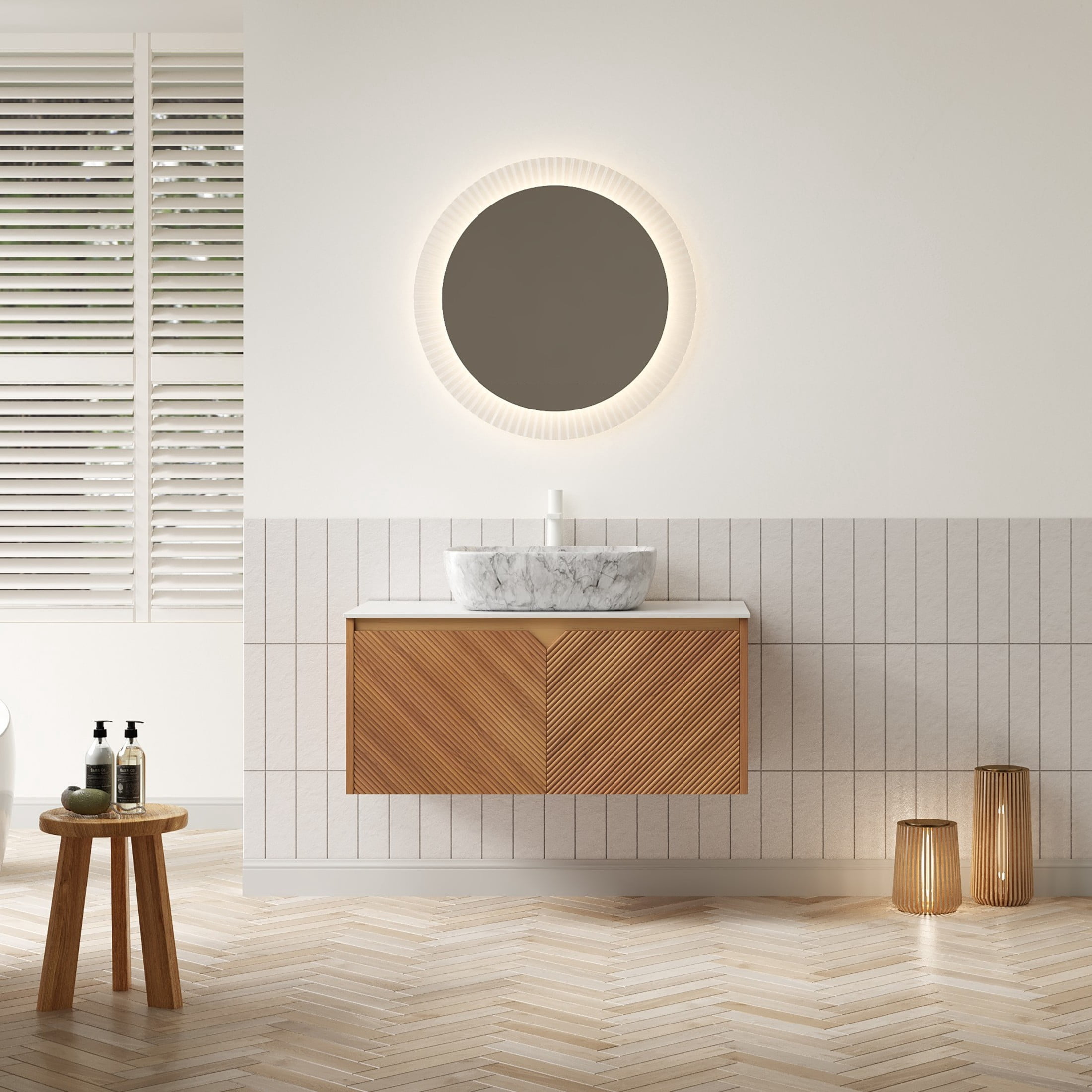 Noble House RUBEN 36" Floating Bathroom Vanity, Sintered Stone Top Cabinet with Gray Stone Ceramic Vessel Sink, Oak