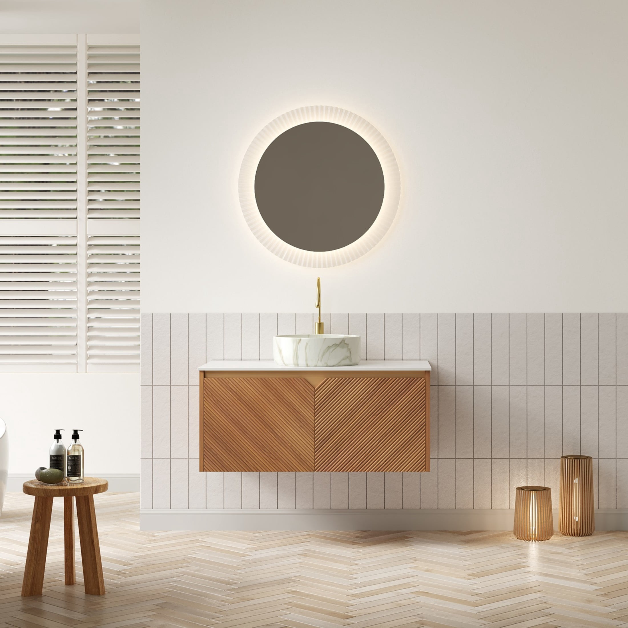 Noble House RUBEN 36" Floating Bathroom Vanity, Sintered Stone Top Cabinet with Stone Round Ceramic Vessel Sink, Oak