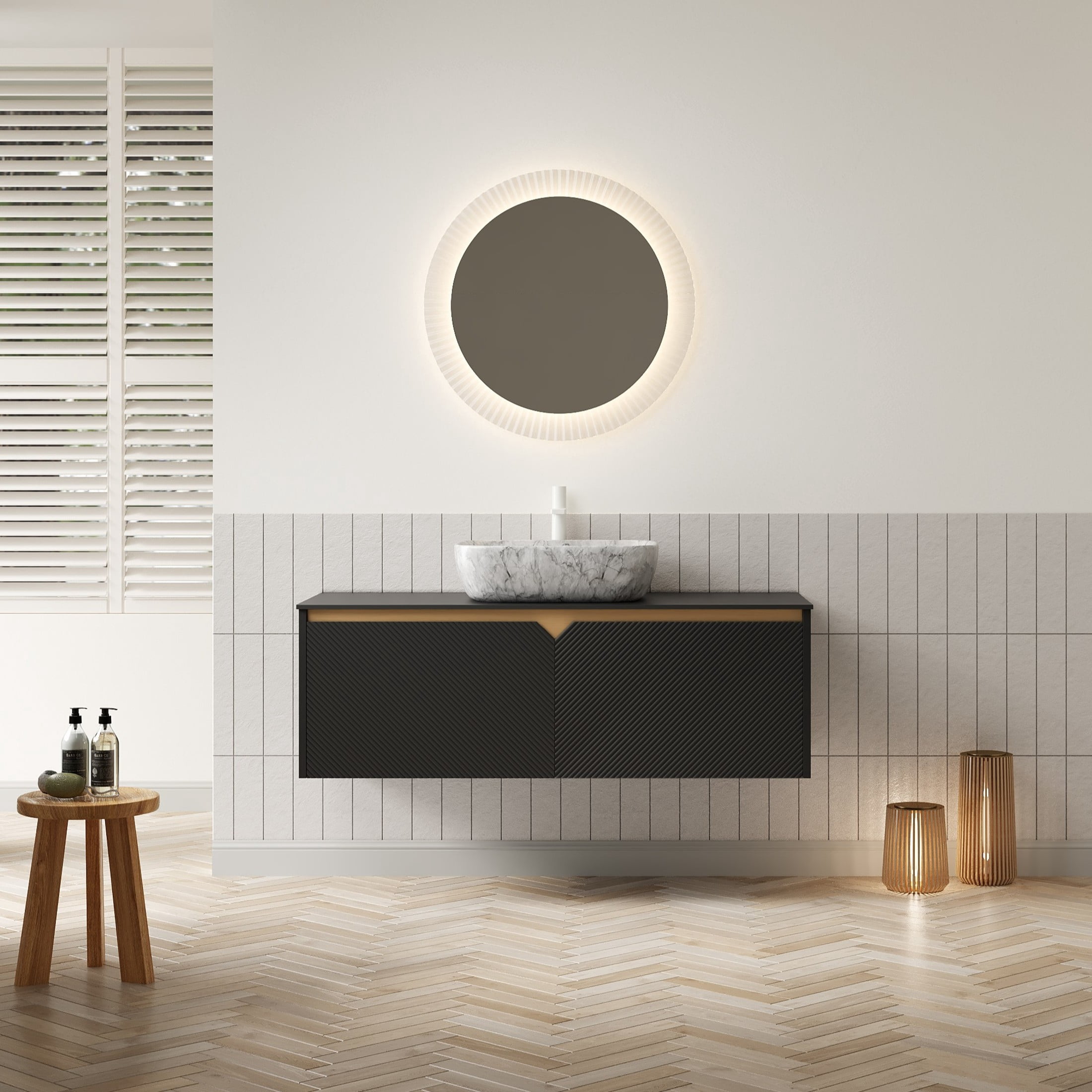 Noble House RUBEN 48" Floating Bathroom Vanity, Sintered Stone Top Cabinet with Gray Stone Ceramic Vessel Sink, Black