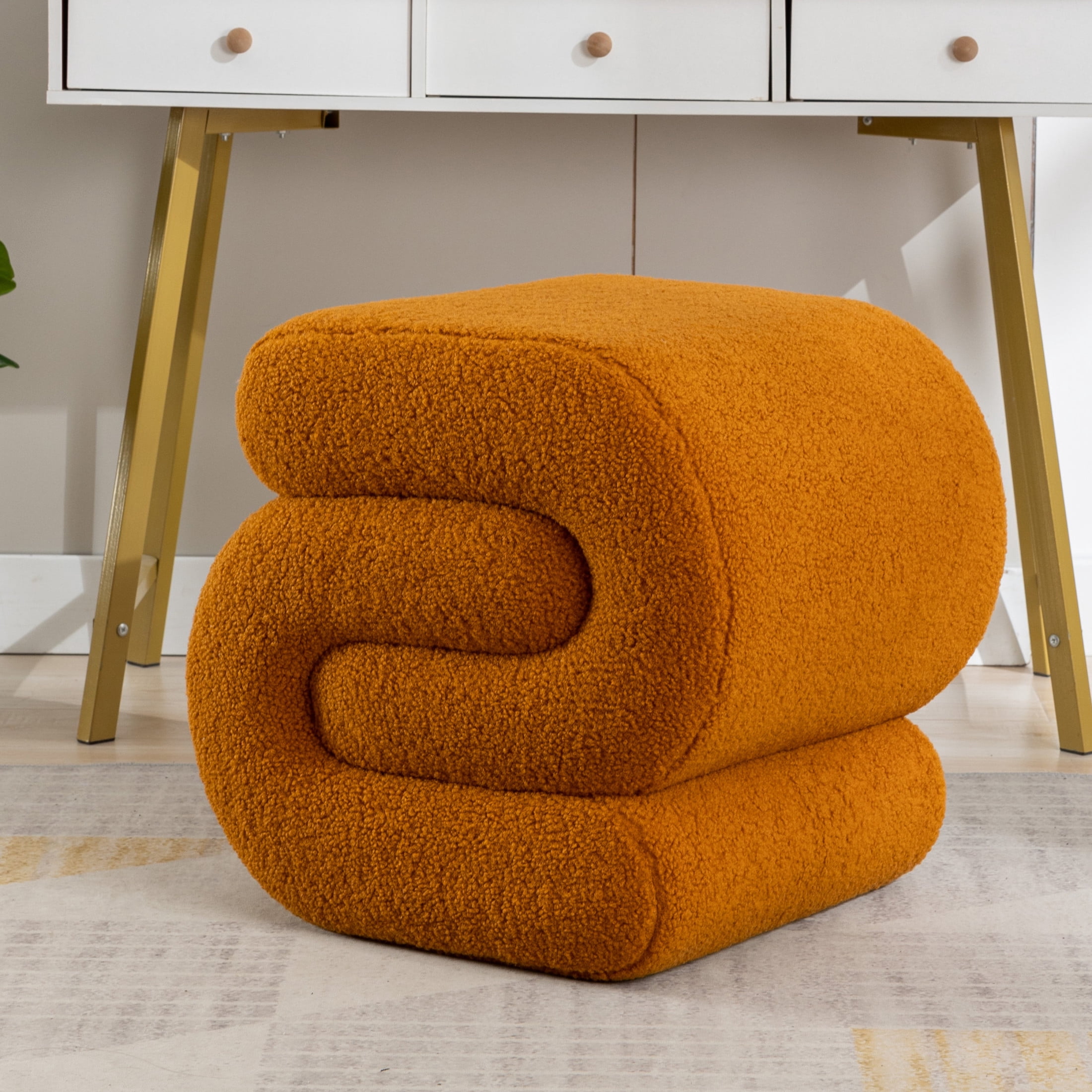 Noble House Rache 19" S-Shape Teddy Accent Ottoman, Boucle Makeup Footrest Table Stool with Foam, Orange