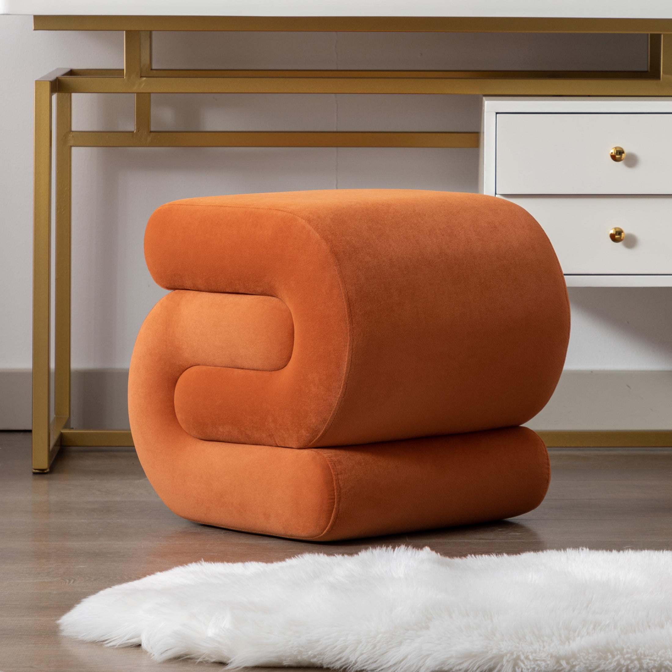 Noble House Rache 19" S-Shape Velvet Accent Ottoman, Plush Makeup Footrest Table Stool with Foam, Orange