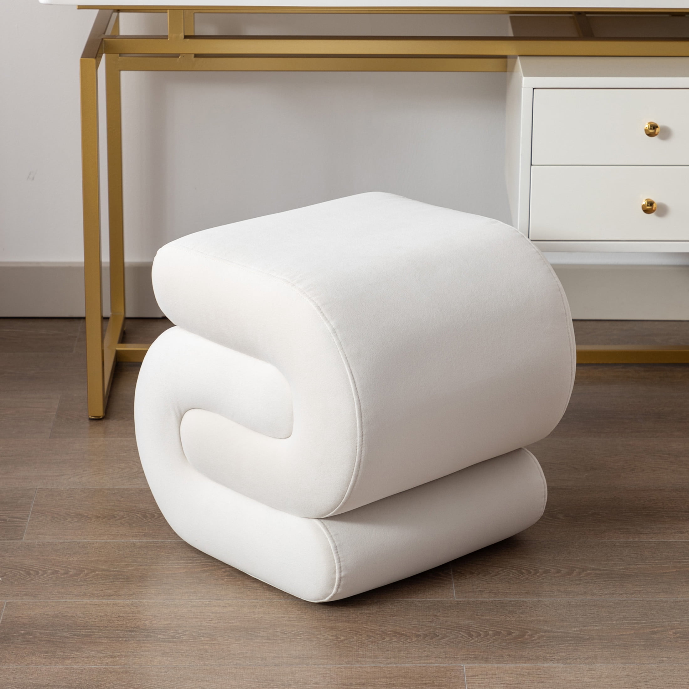 Noble House Rache 19" S-Shape Velvet Accent Ottoman, Plush Makeup Footrest Table Stool with Foam, White
