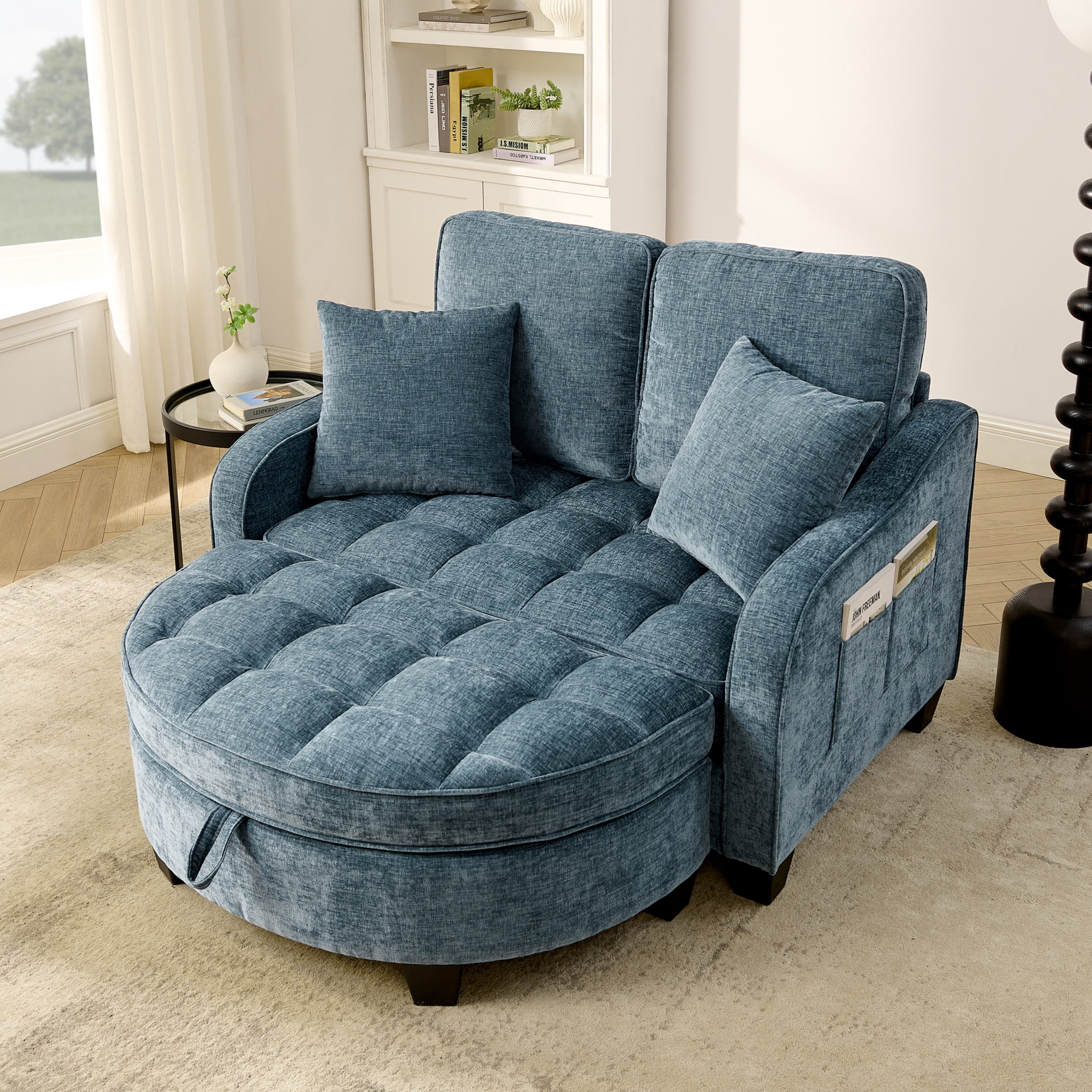 Noble House Rache 51" Upholstered Two-Seater Sofa, Double Chaise Longue with Storage Ottoman and Comfy Pillows, Blue