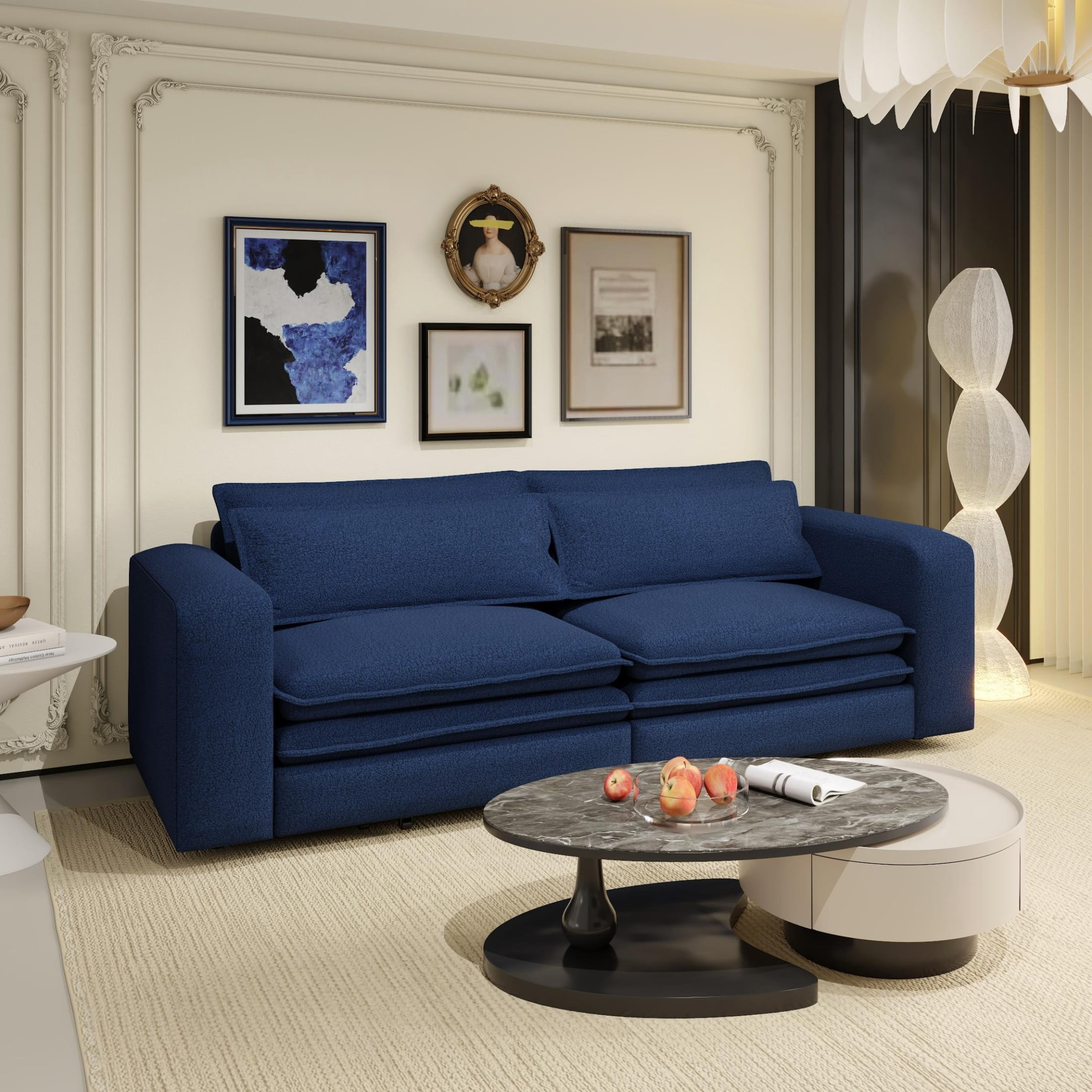 Noble House Rachel Convertible Sleeper Sofa Bed, Sherpa Fleece 3-Seat Pull Out Couch with Lumbar Pillows, Blue
