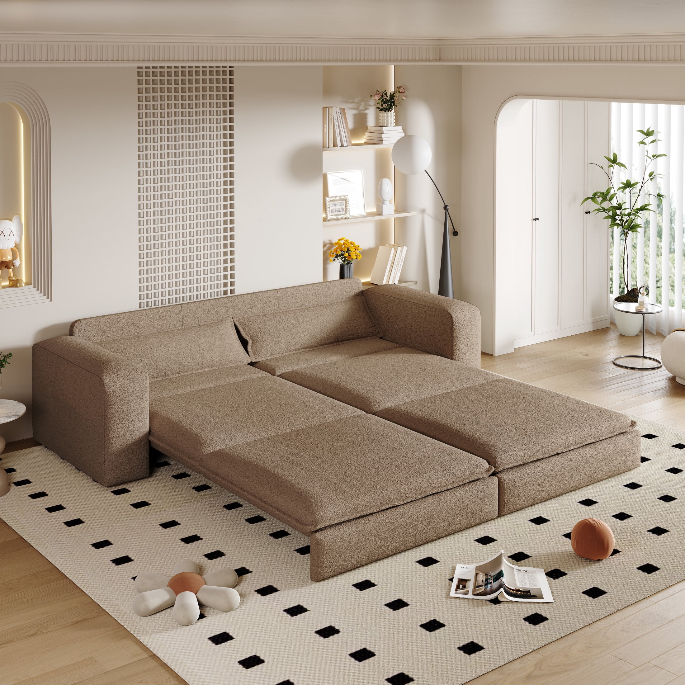 Noble House Rachel Convertible Sleeper Sofa Bed, Sherpa Fleece 3-Seat Pull Out Couch with Lumbar Pillows, Camel