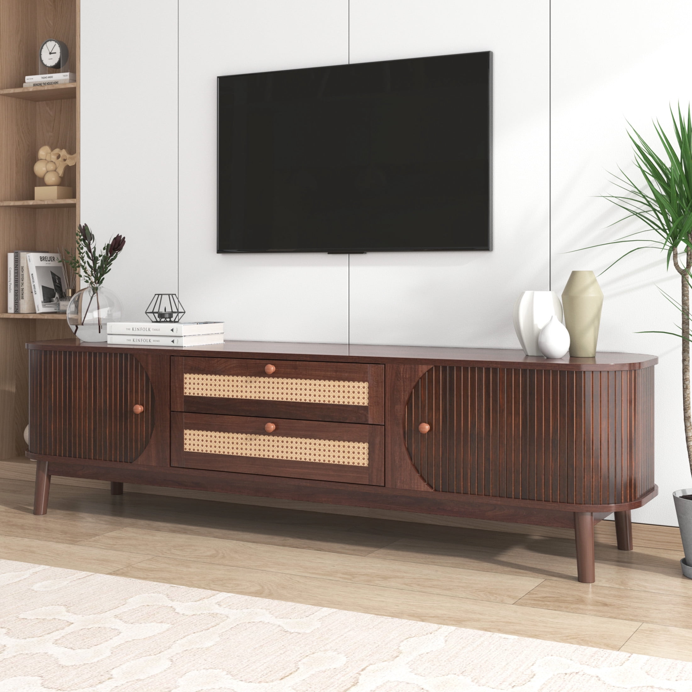 Noble House Rattan TV Stand for TVs up to 75 Inch with Storage Cabinets and Drawers, Brown + Natural