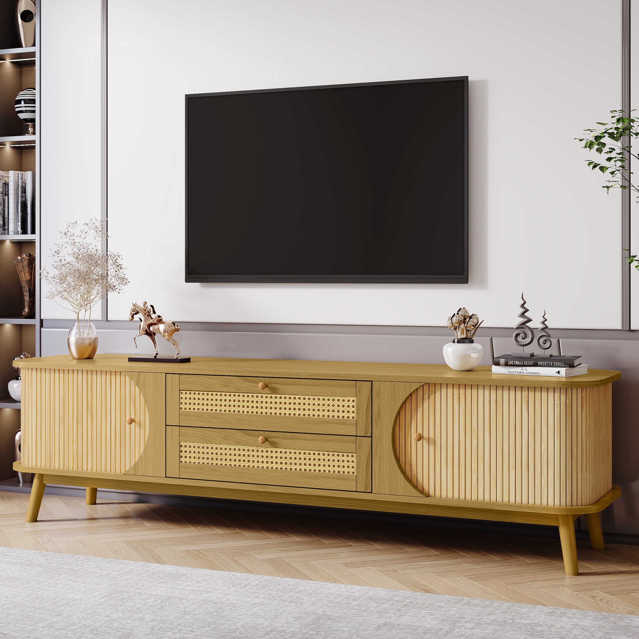 Noble House Rattan TV Stand for TVs up to 75 Inch with Storage Cabinets and Drawers, Natural