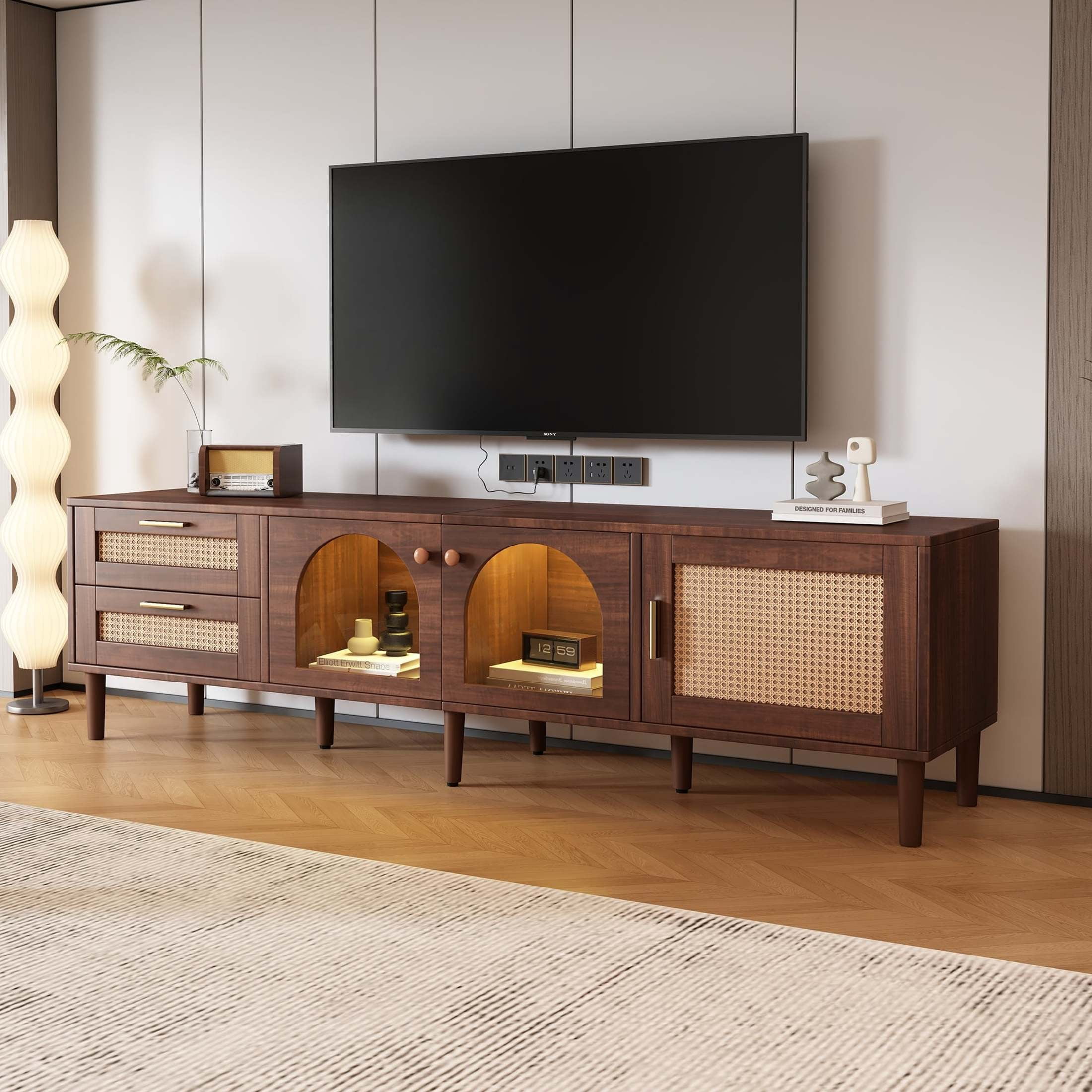 Noble House Rattan TV Stand for TVs up to 80 Inch with LED Light,  Cabinets and Drawers, Dark Brown