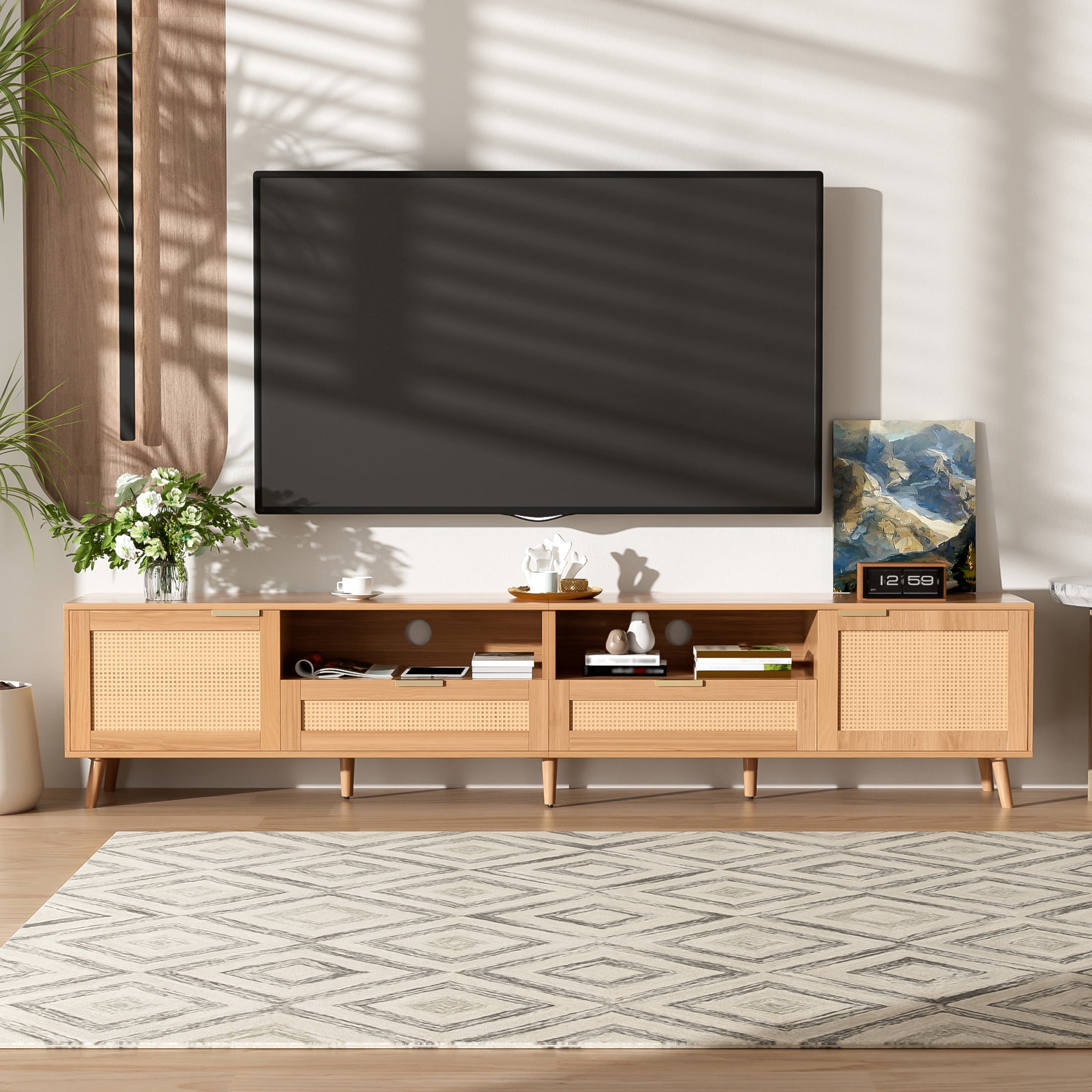 Noble House Rattan TV Stand for TVs up to 90 Inch with Storage Cabinets, Open Shelves, Wood