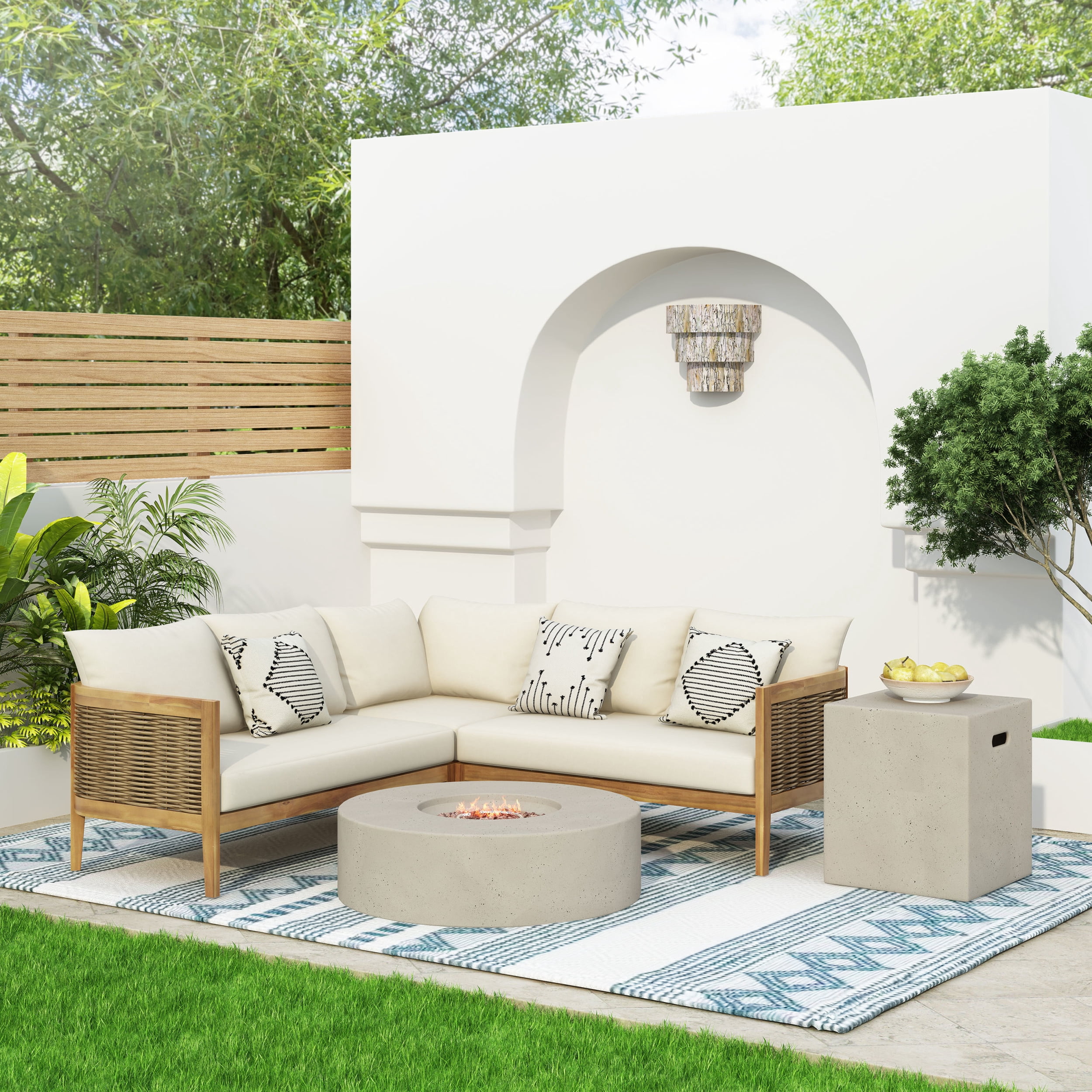 Noble House Rattler Outdoor 5 Seater Sectional Sofa Chat Set with Fire Pit, Teak, Beige, and Light Gray