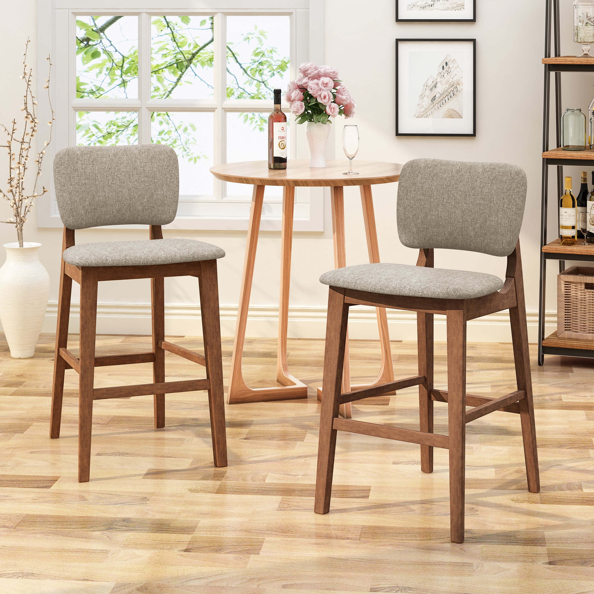 Noble House Rayan Mid Century Modern Fabric and Rubberwood Barstools, Set of 2, Beige