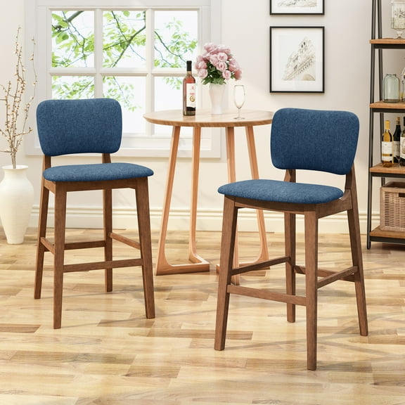 Noble House Rayan Modern 42" Wood Bar Chair, Set of 2, Dark Blue, Walnut