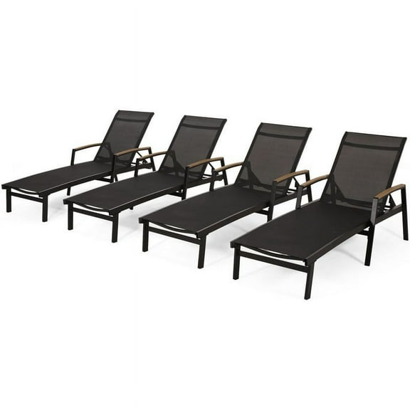 Noble House Reclining Aluminum Outdoor Chaise Lounge - Set of 4, Black