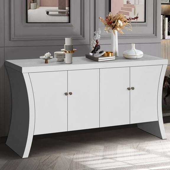 Noble House Refined Industrial 4-Door Credenza with Wooden Arc Legs & Bronze Clasps – Advanced Storage Design, Solid Craftsmanship, White