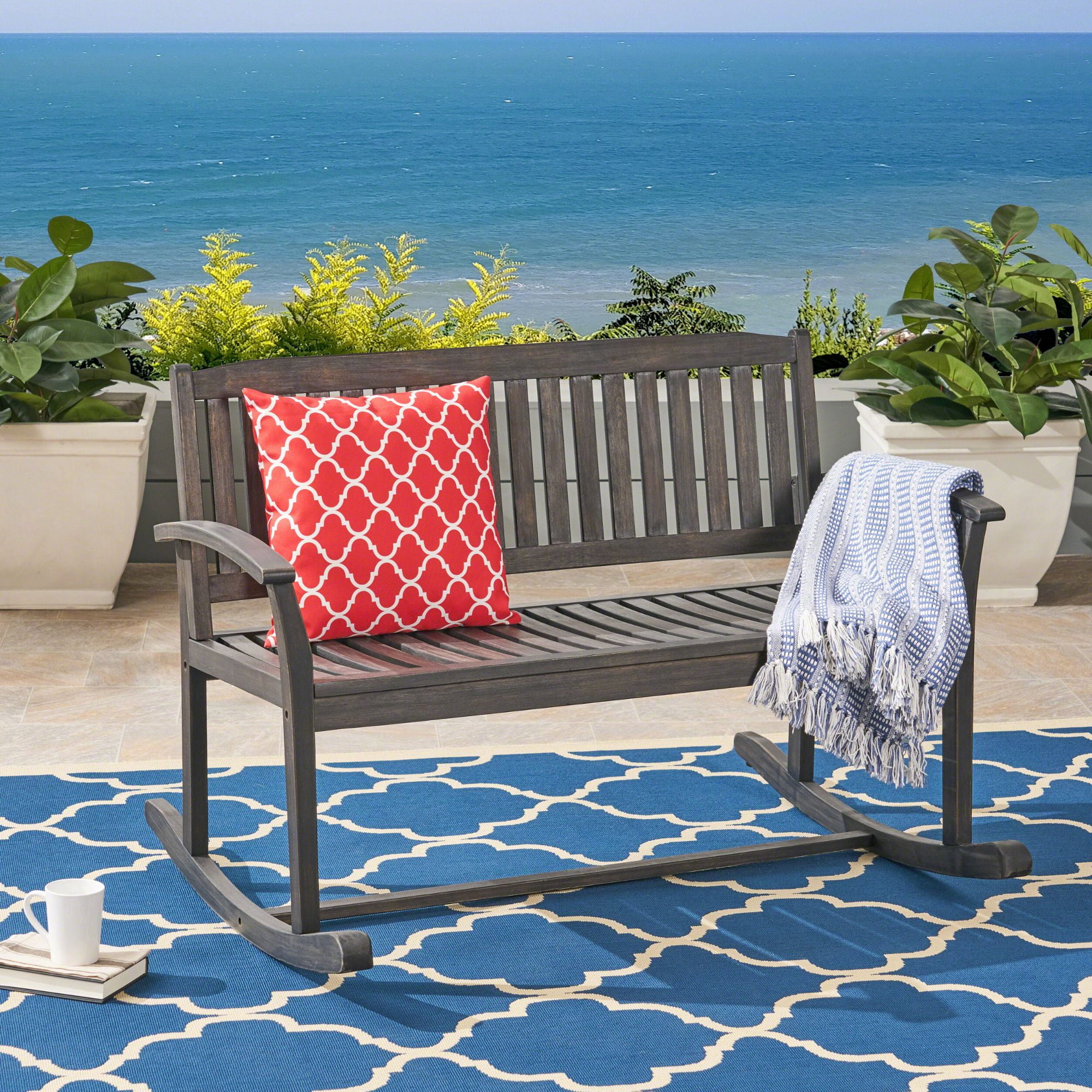 Gray Acacia Wood Outdoor Rocking Loveseat with Arms