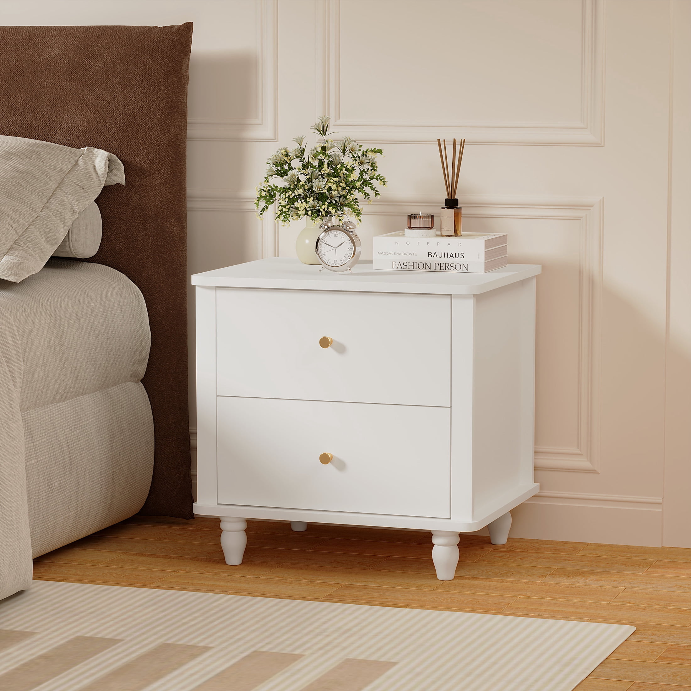 Noble House Reina Modern 2-Drawer Nightstand with Round Knobs, Small Bedside Cabinet End Table for Bedroom, White