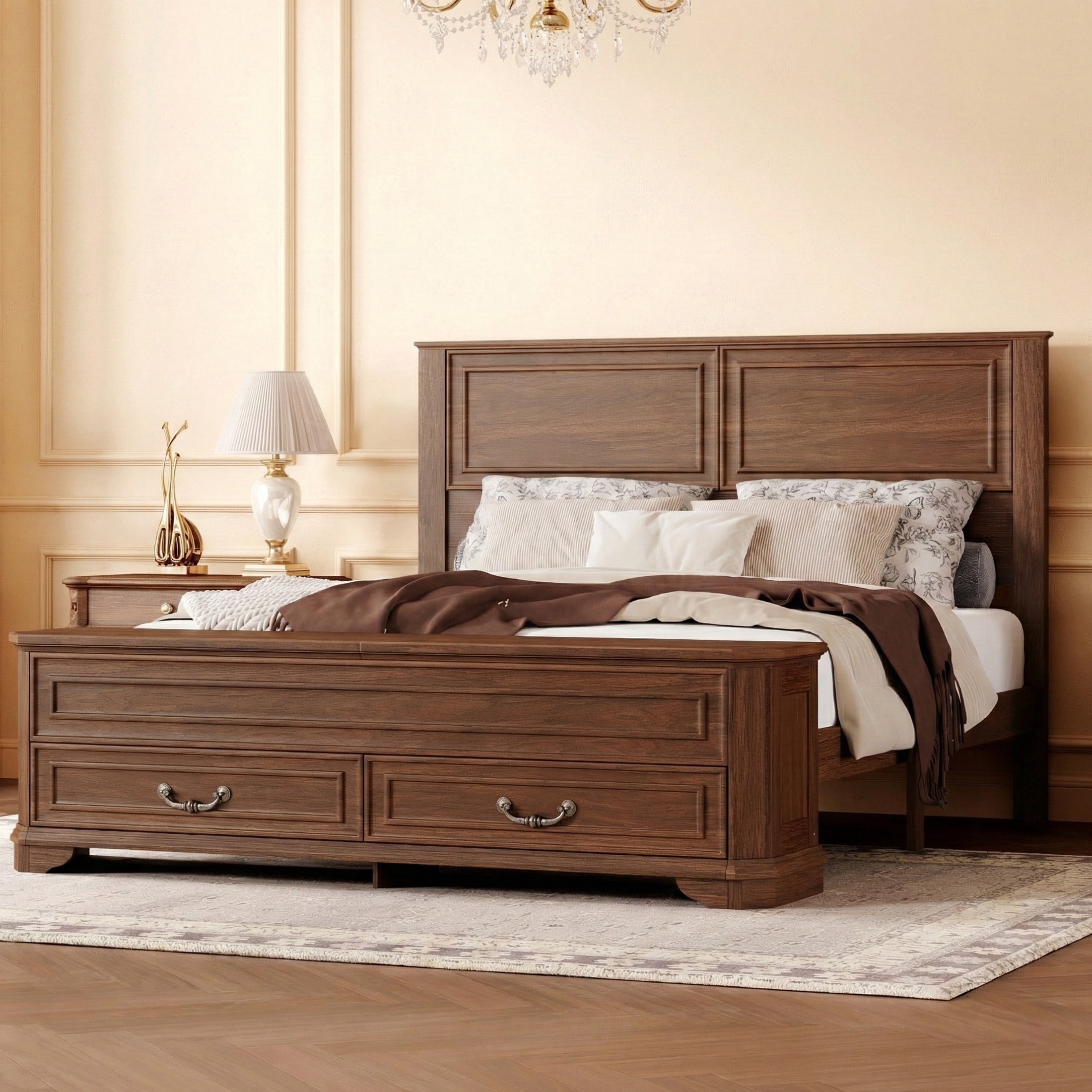 Noble House Reinaldo Queen Farmhouse Pine Bed with Integrated Bench, Storage Drawers and Flip-Top Containers, Walnut